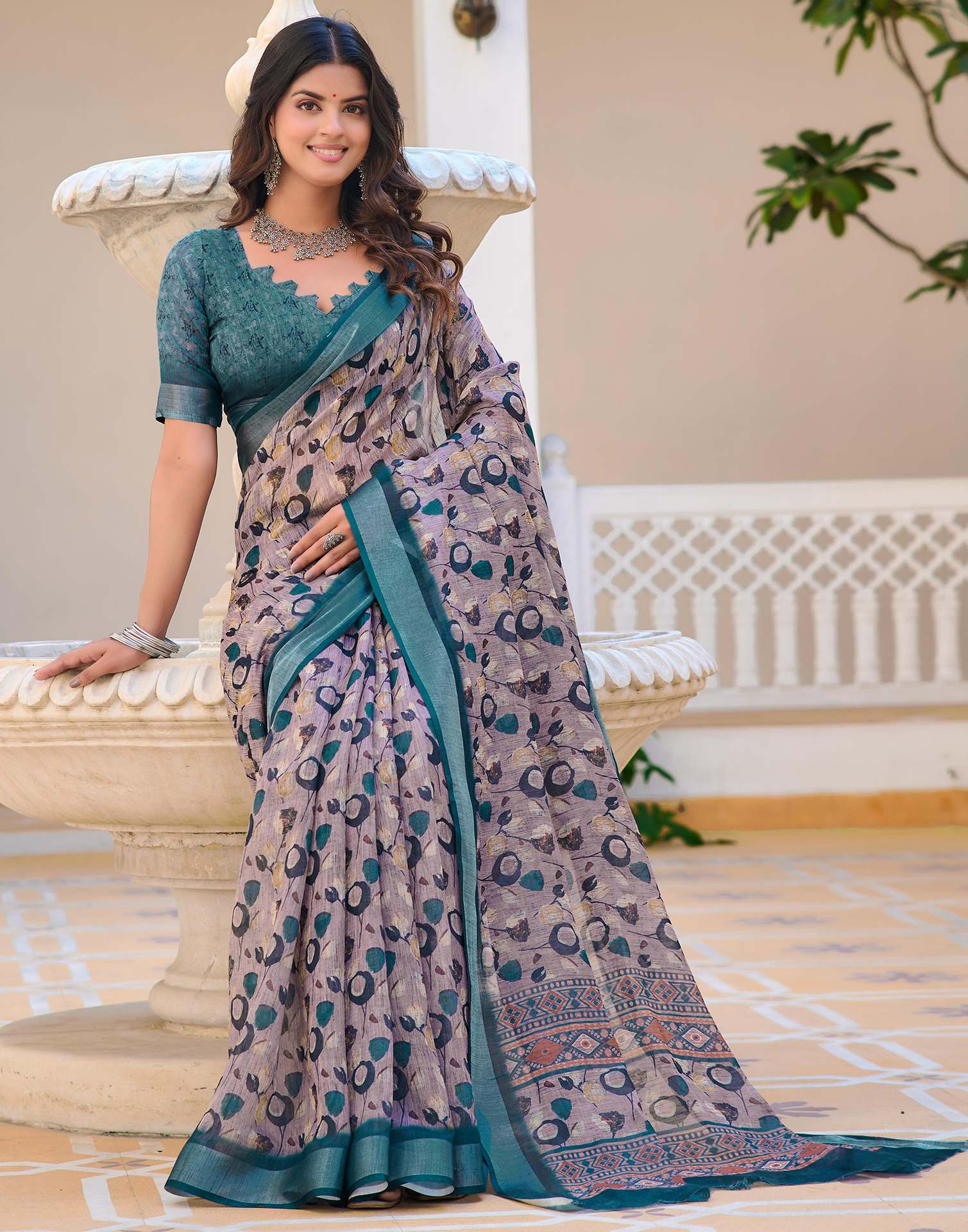 Mauve Cotton Linen Printed Saree - Image 4