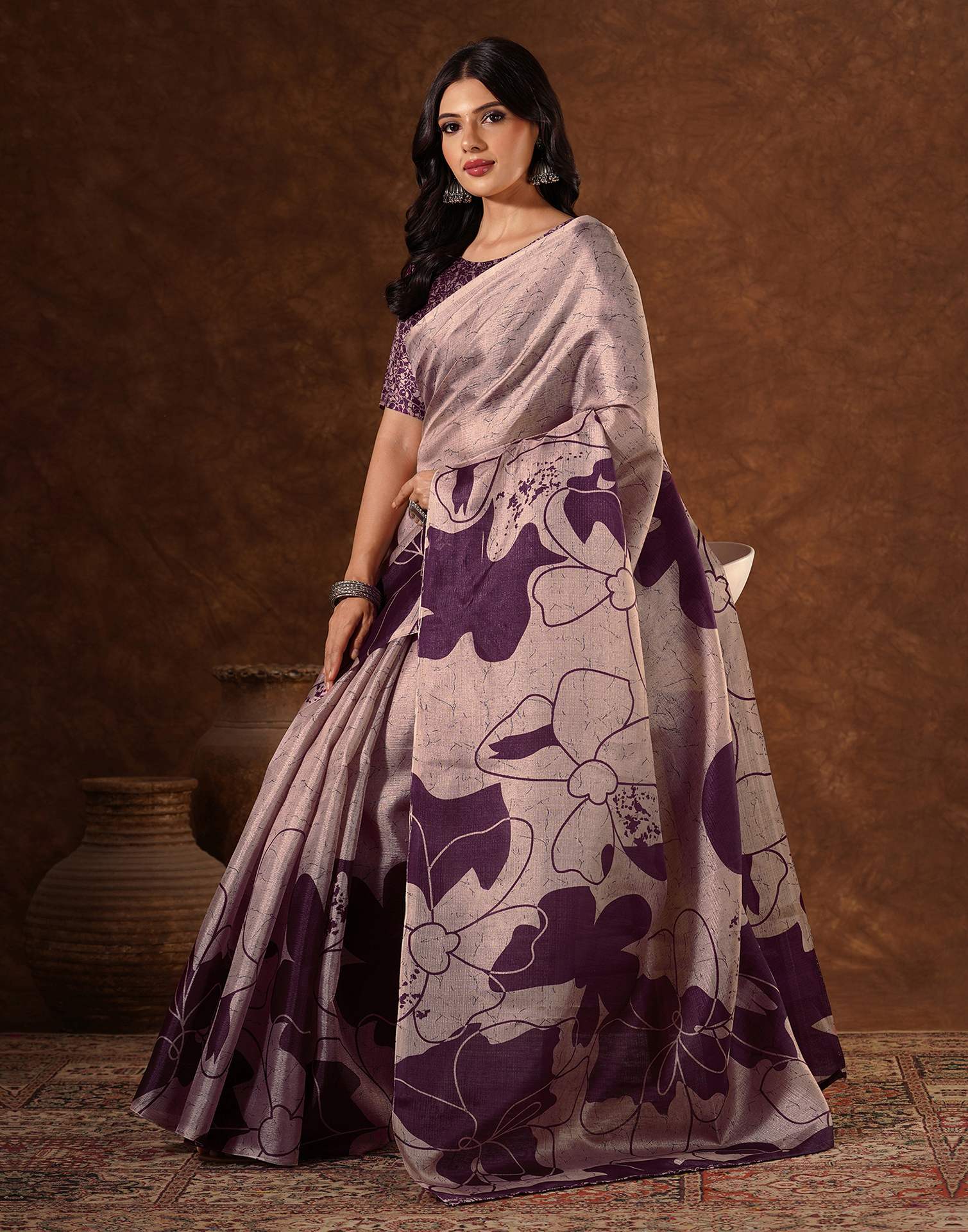 Mauve Cotton Printed Saree - Image 5