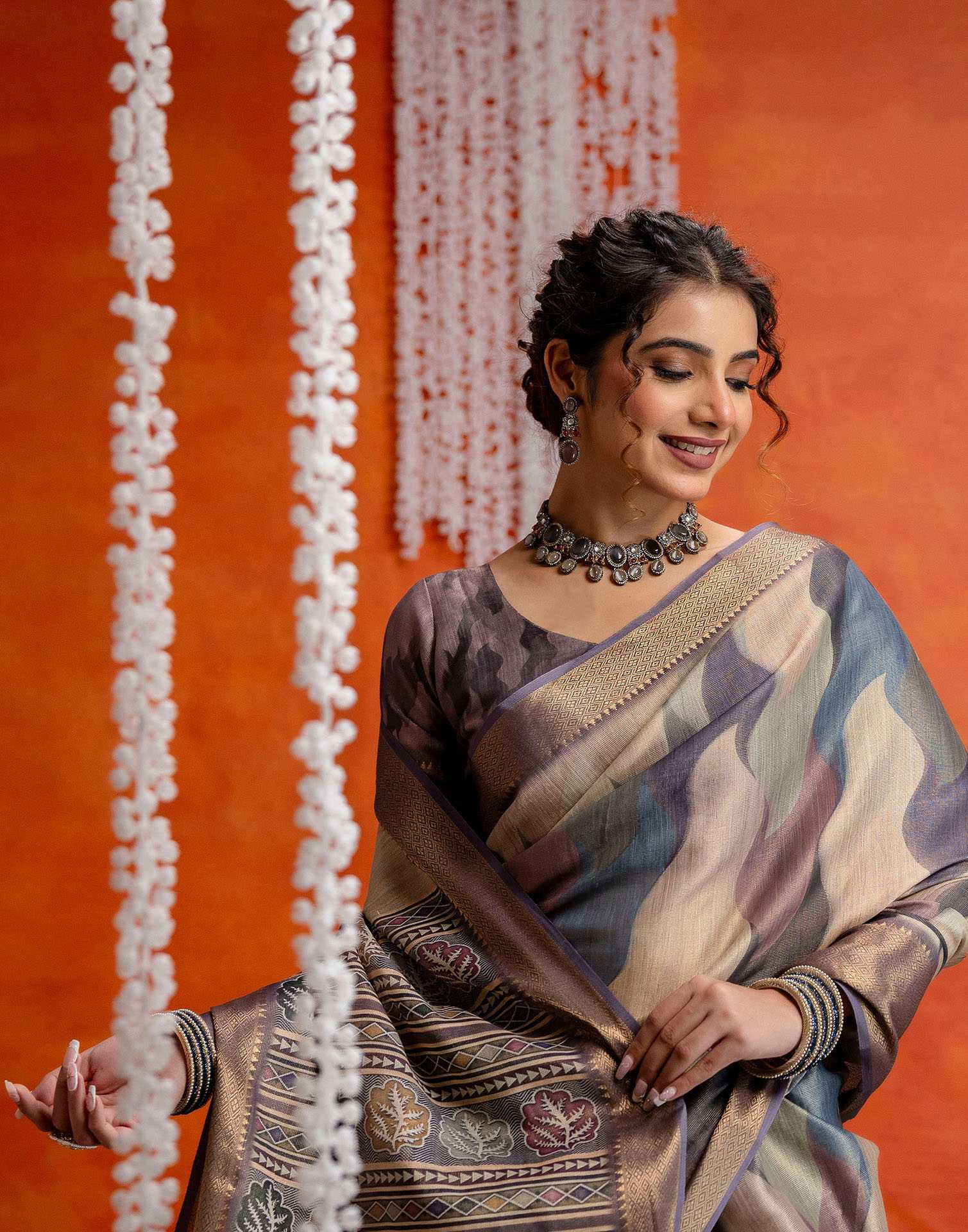 Mauve Cotton Printed Woven Saree - Image 4
