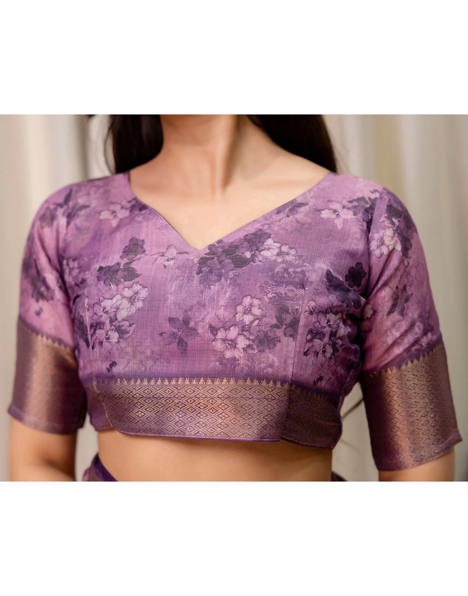 Mauve Cotton Silk Floral Printed Saree - Image 13