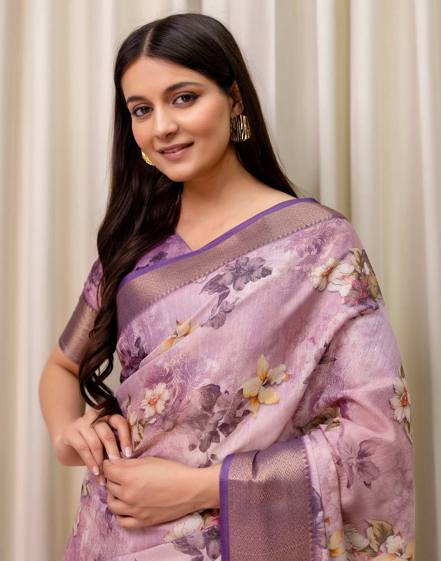 Mauve Cotton Silk Floral Printed Saree - Image 2