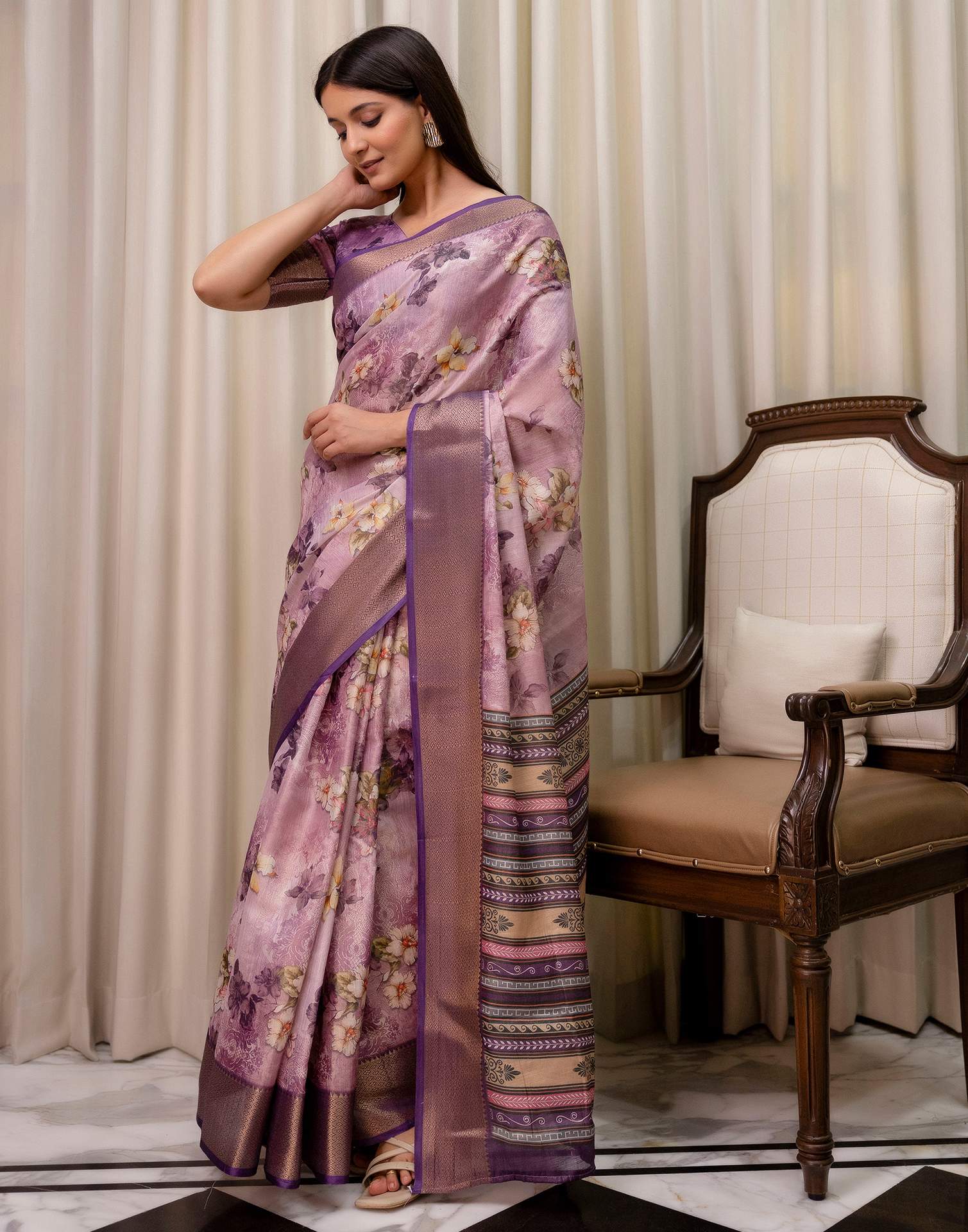 Mauve Cotton Silk Floral Printed Saree - Image 5