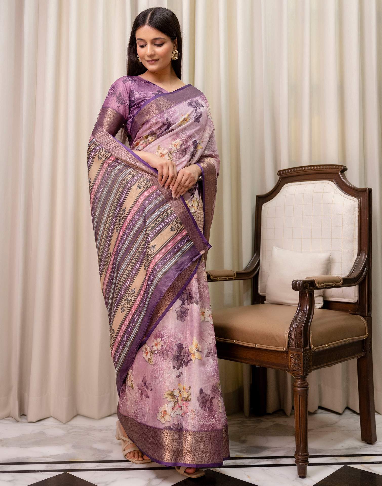 Mauve Cotton Silk Floral Printed Saree - Image 6