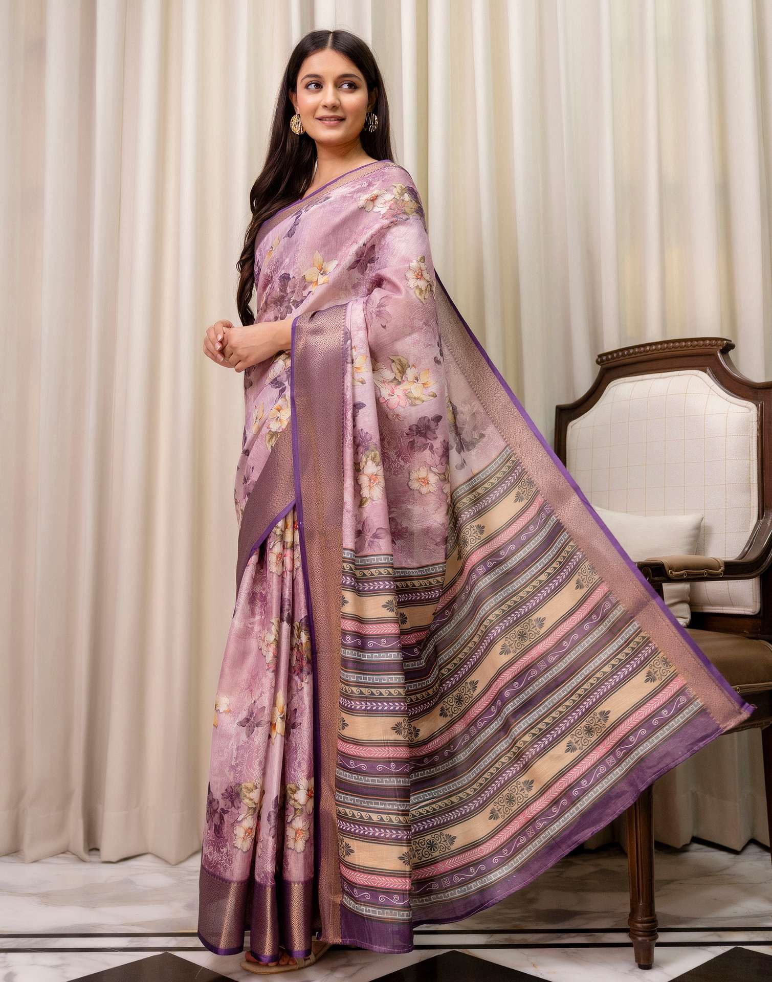 Mauve Cotton Silk Floral Printed Saree - Image 8