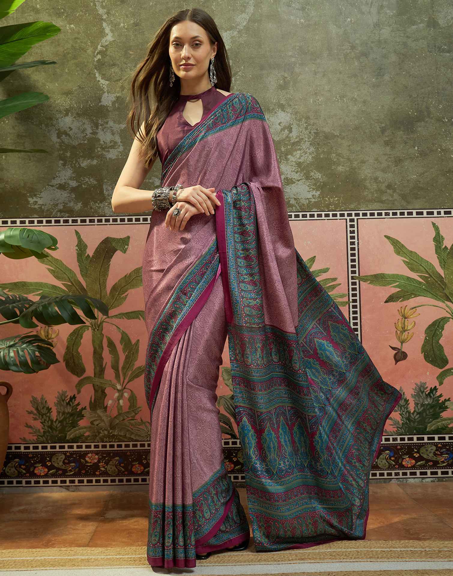 Mauve Crepe Silk Printed Saree