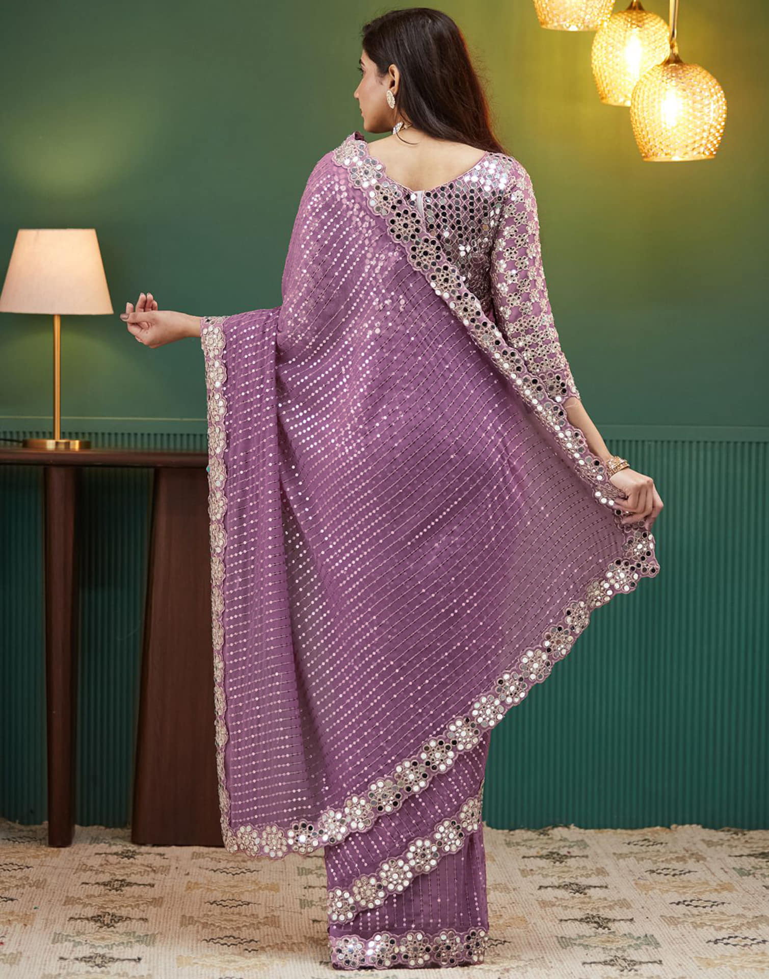 Mauve Georgette Embroidery Sequence Saree - Image 6