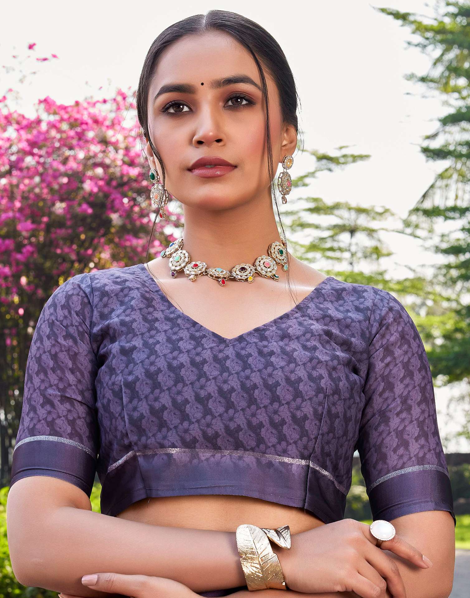 Mauve Georgette Floral Printed Saree - Image 7