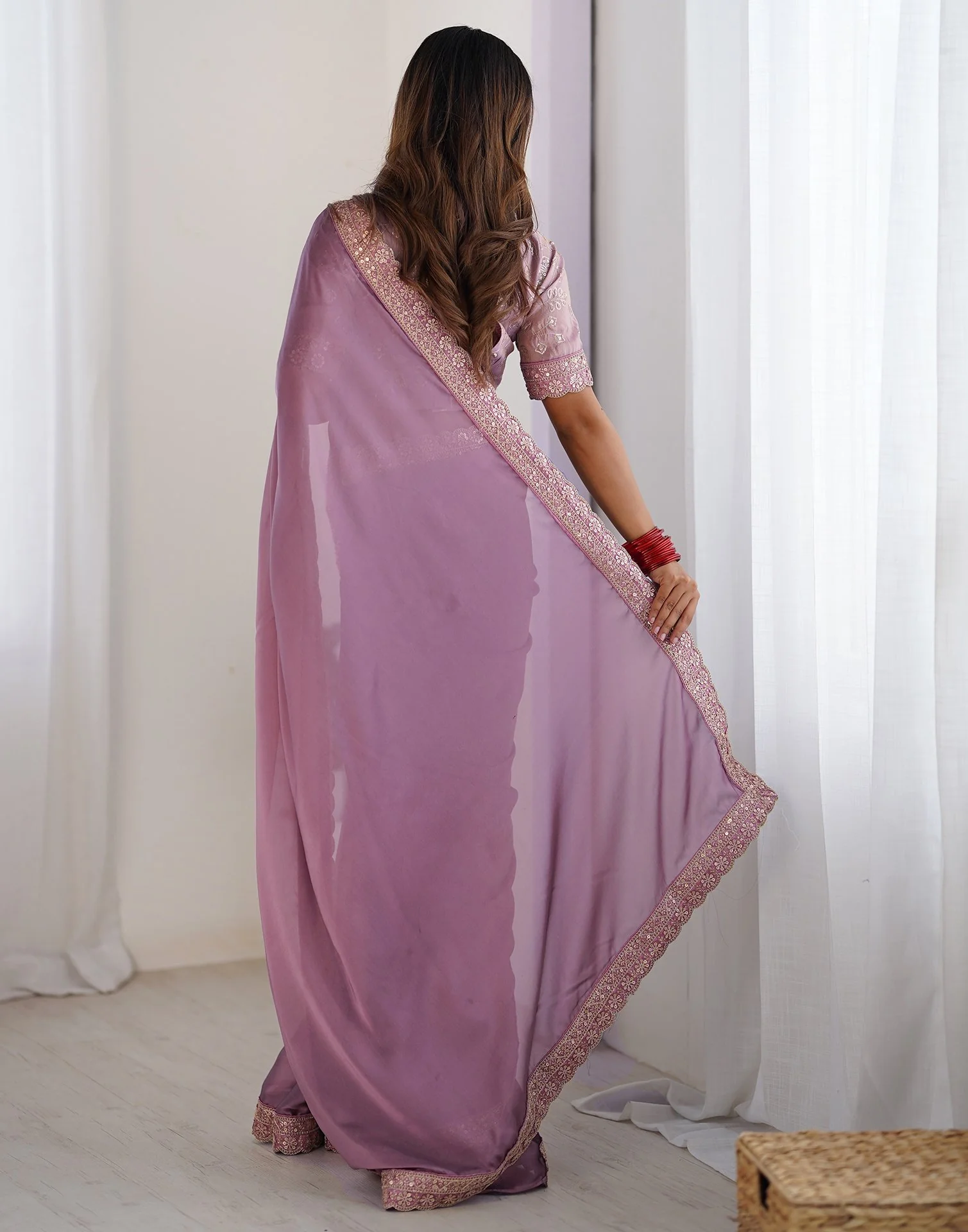 Mauve Georgette Lace Saree - Image 6
