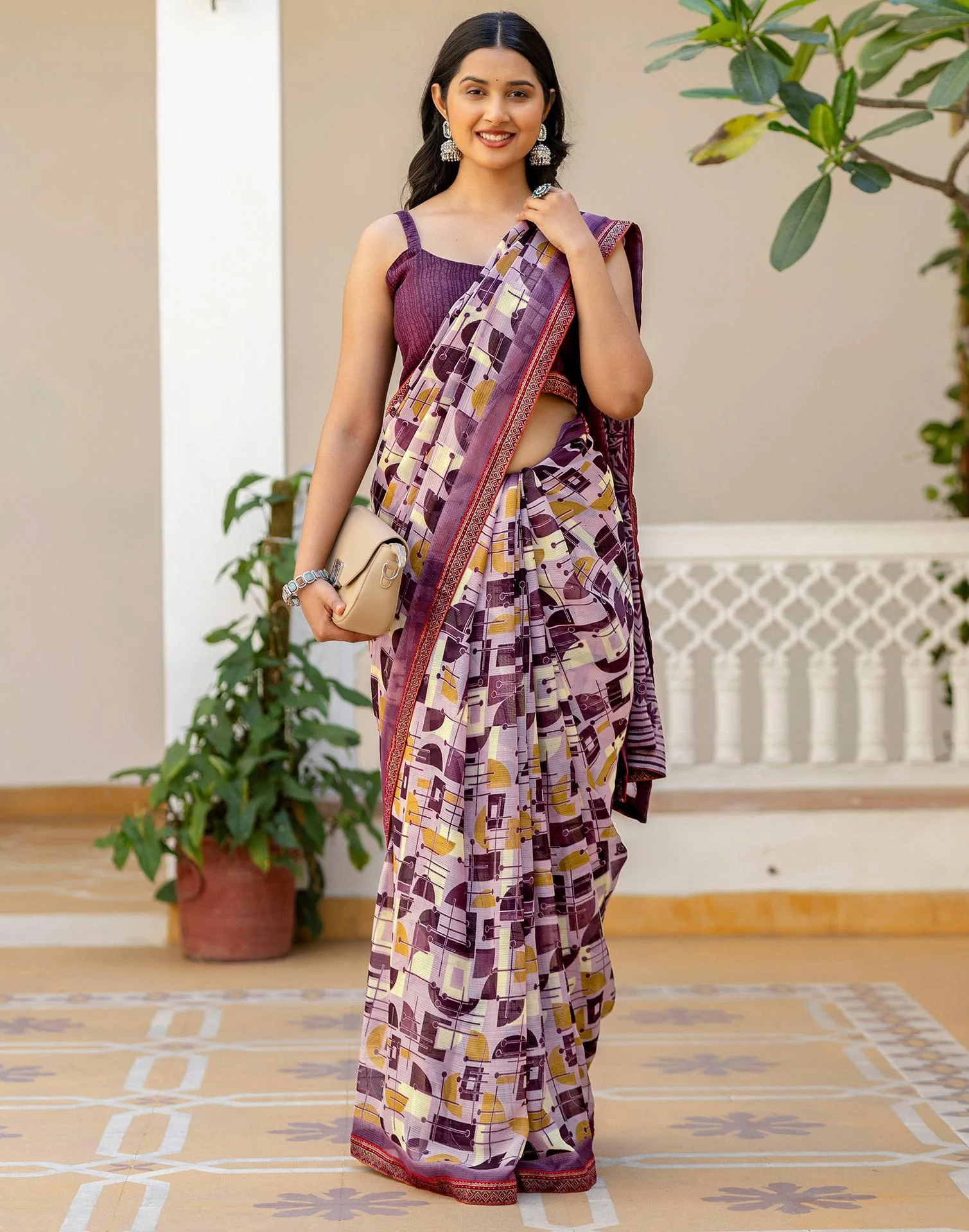 Mauve Georgette Printed Lace Saree - Image 5