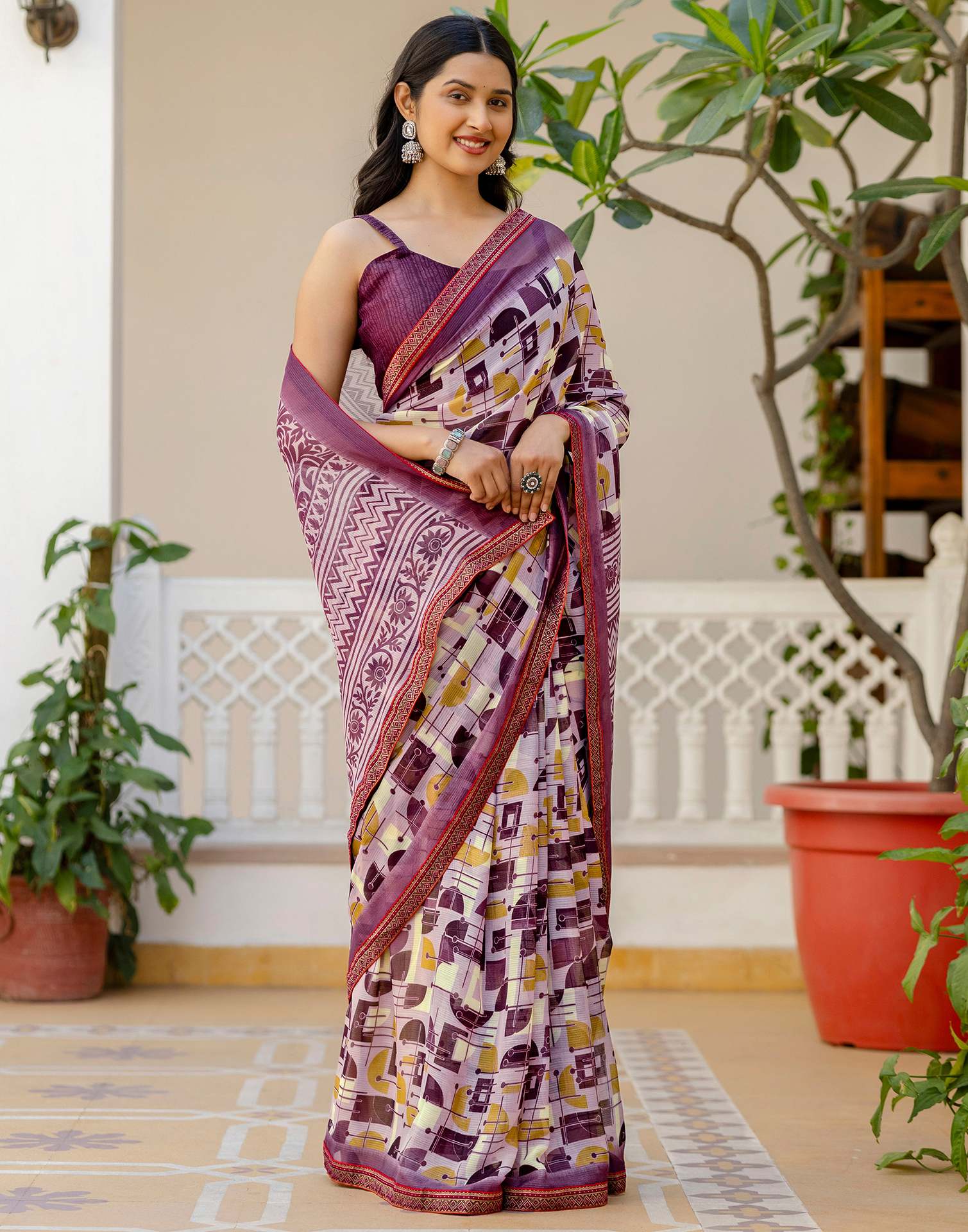 Mauve Georgette Printed Lace Saree - Image 7