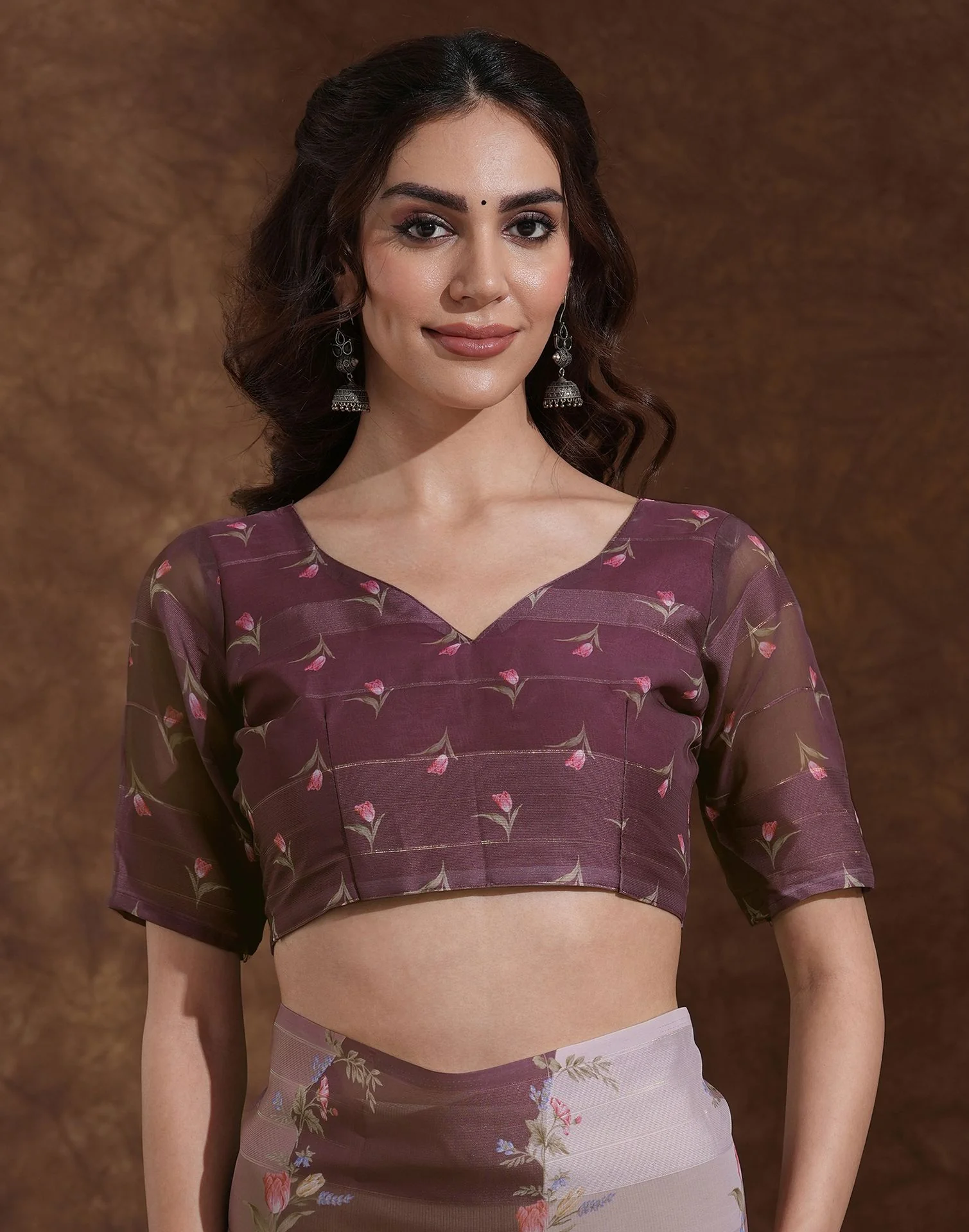 Mauve Georgette Woven Printed Saree - Image 7