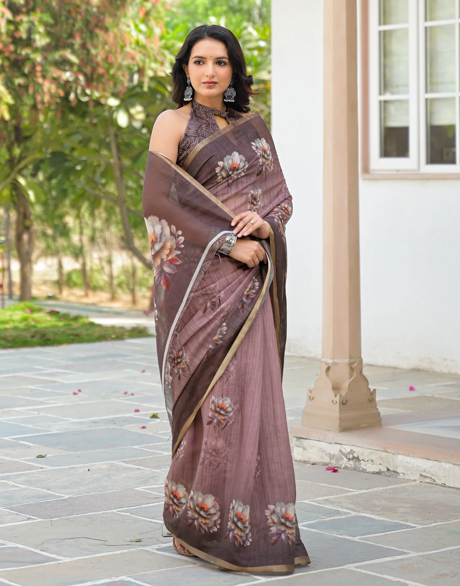 Mauve Linen Floral Printed Saree - Image 5