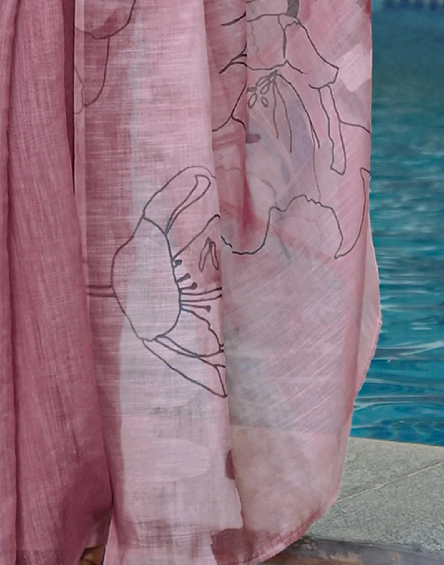 Mauve Linen Floral Printed Saree - Image 9