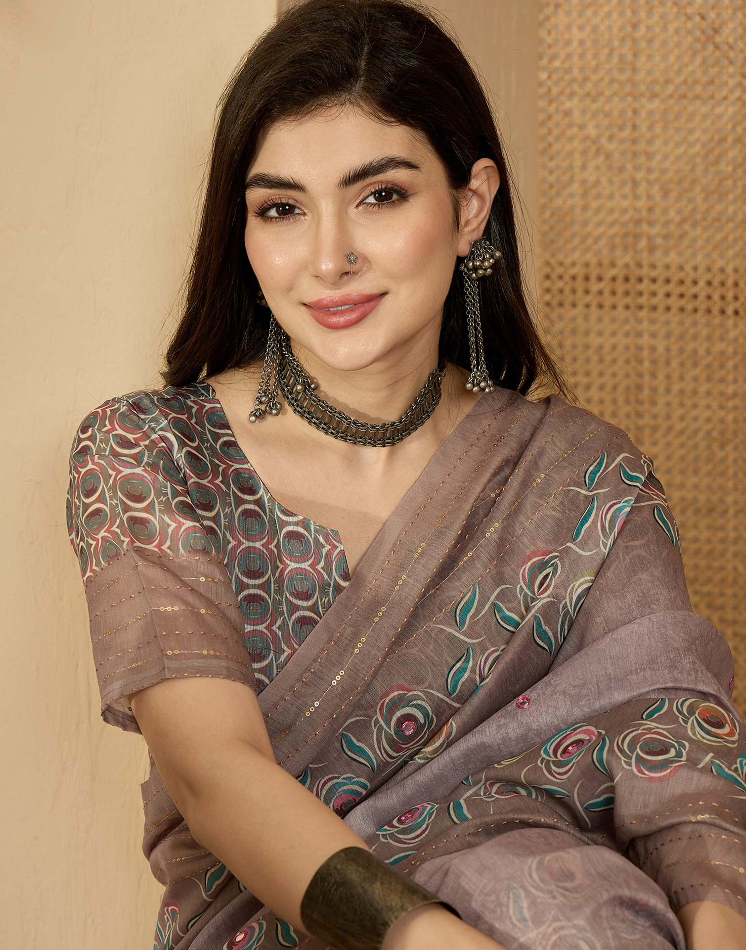 Mauve Linen Printed Saree - Image 2