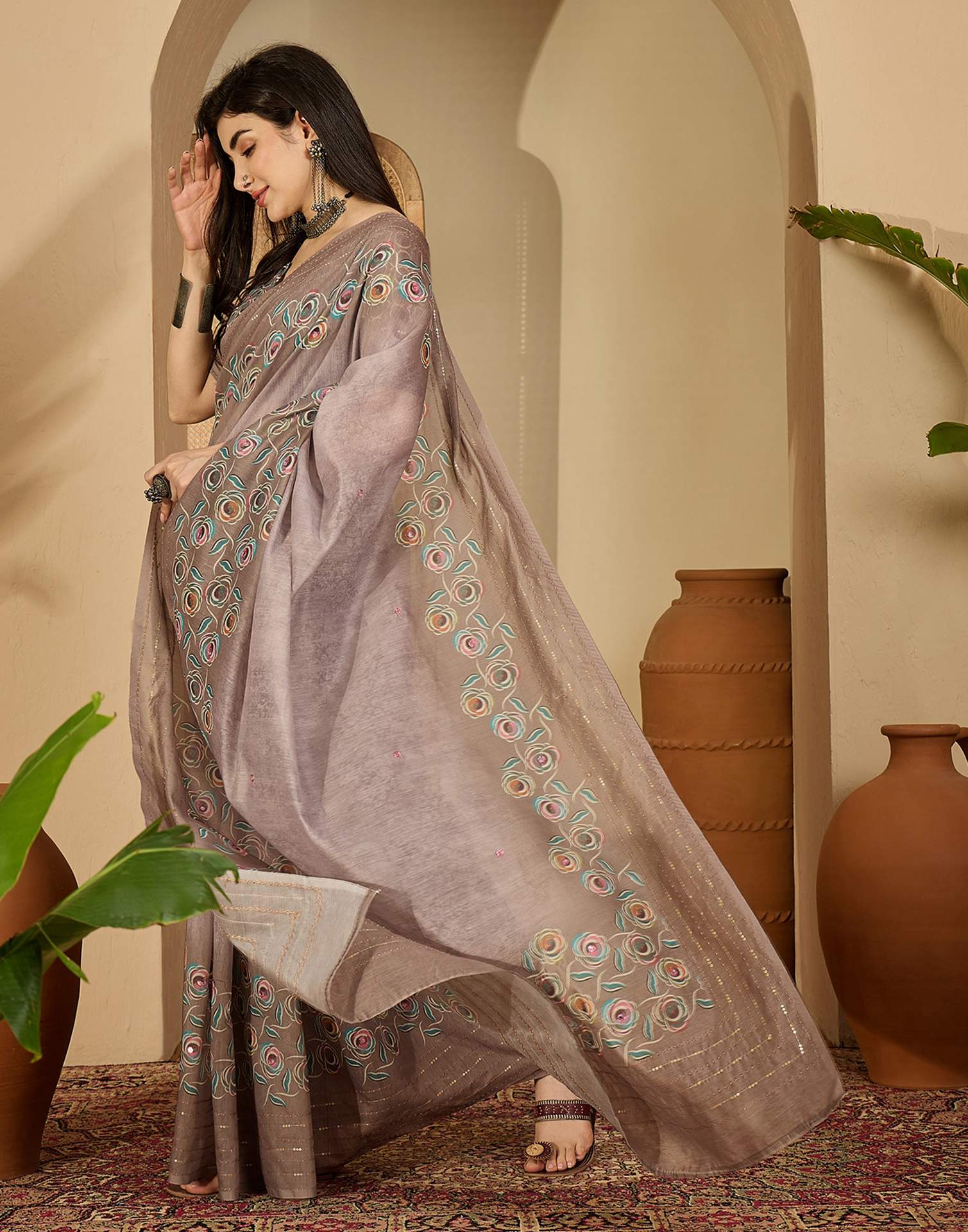 Mauve Linen Printed Saree - Image 5