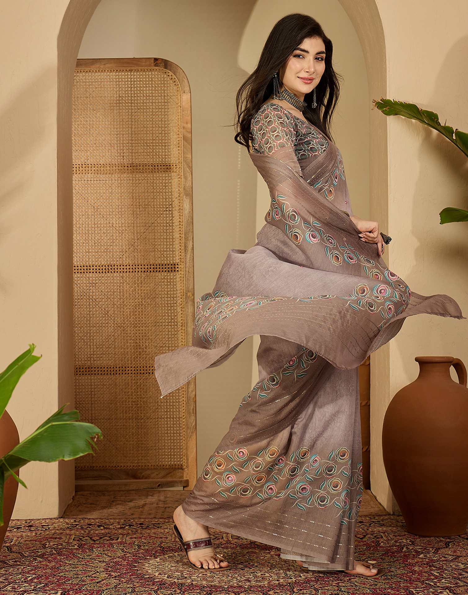 Mauve Linen Printed Saree - Image 6
