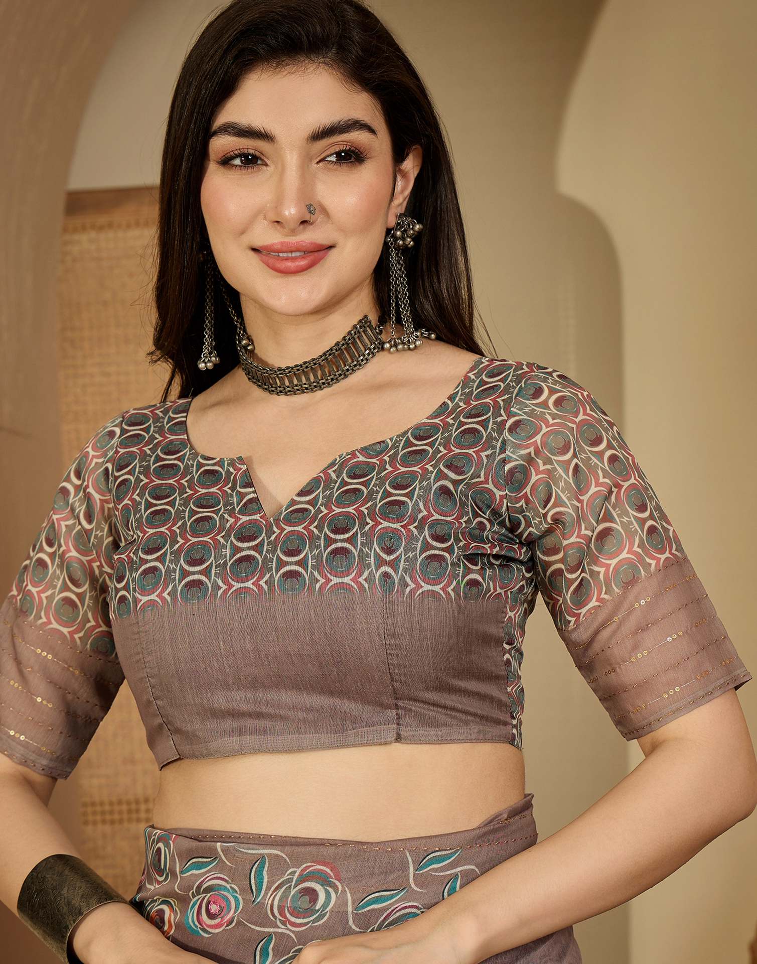 Mauve Linen Printed Saree - Image 8