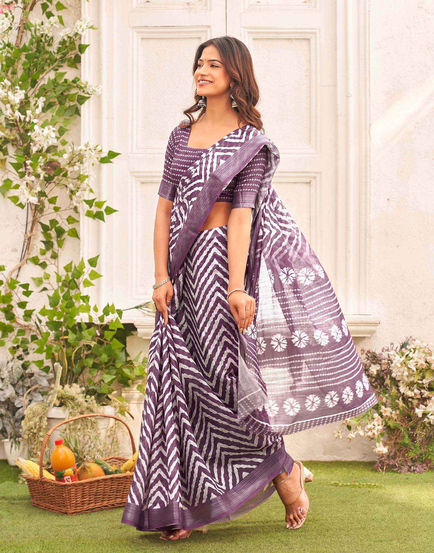 Mauve Linen Printed SareeĀ - Image 5