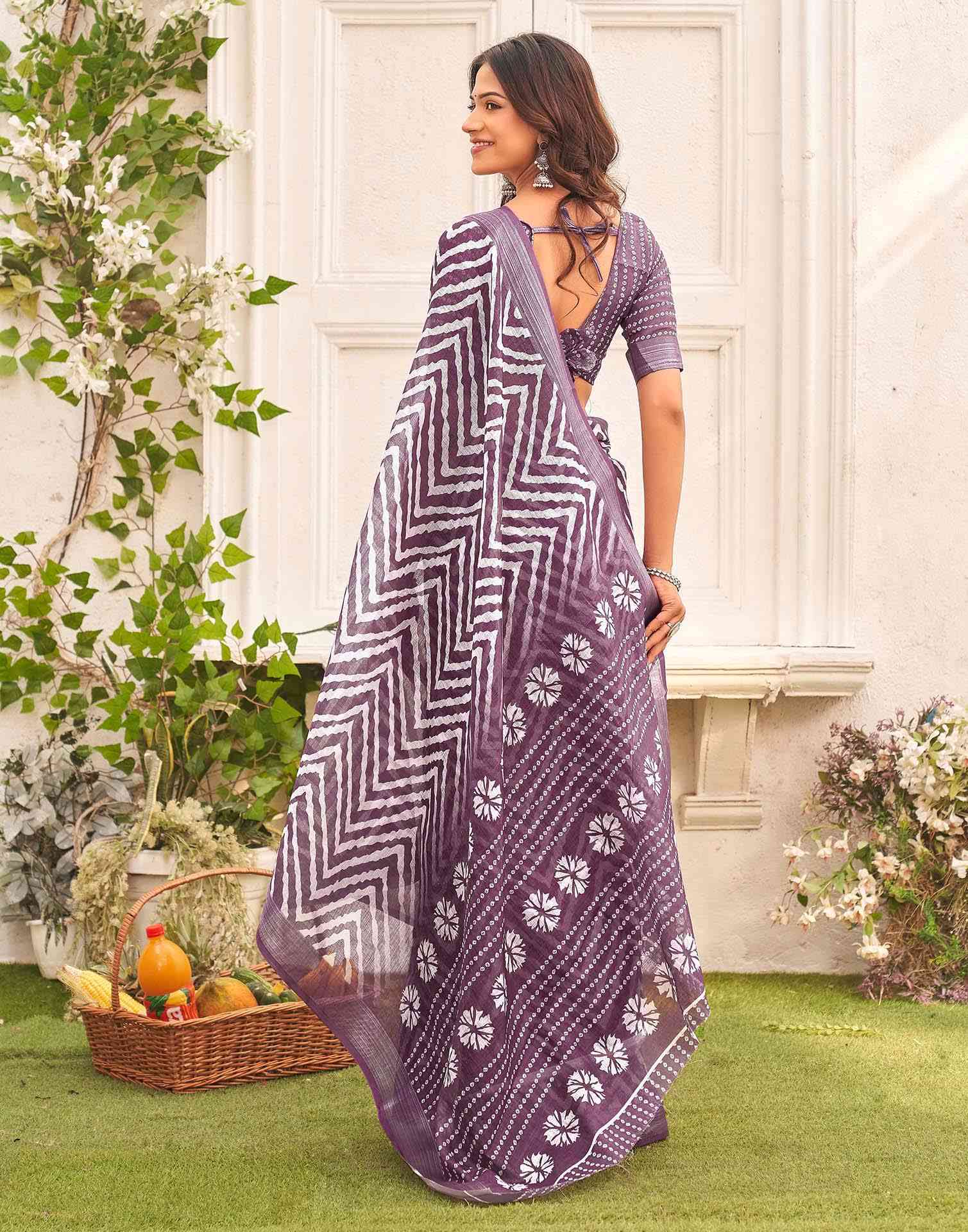 Mauve Linen Printed SareeĀ - Image 6