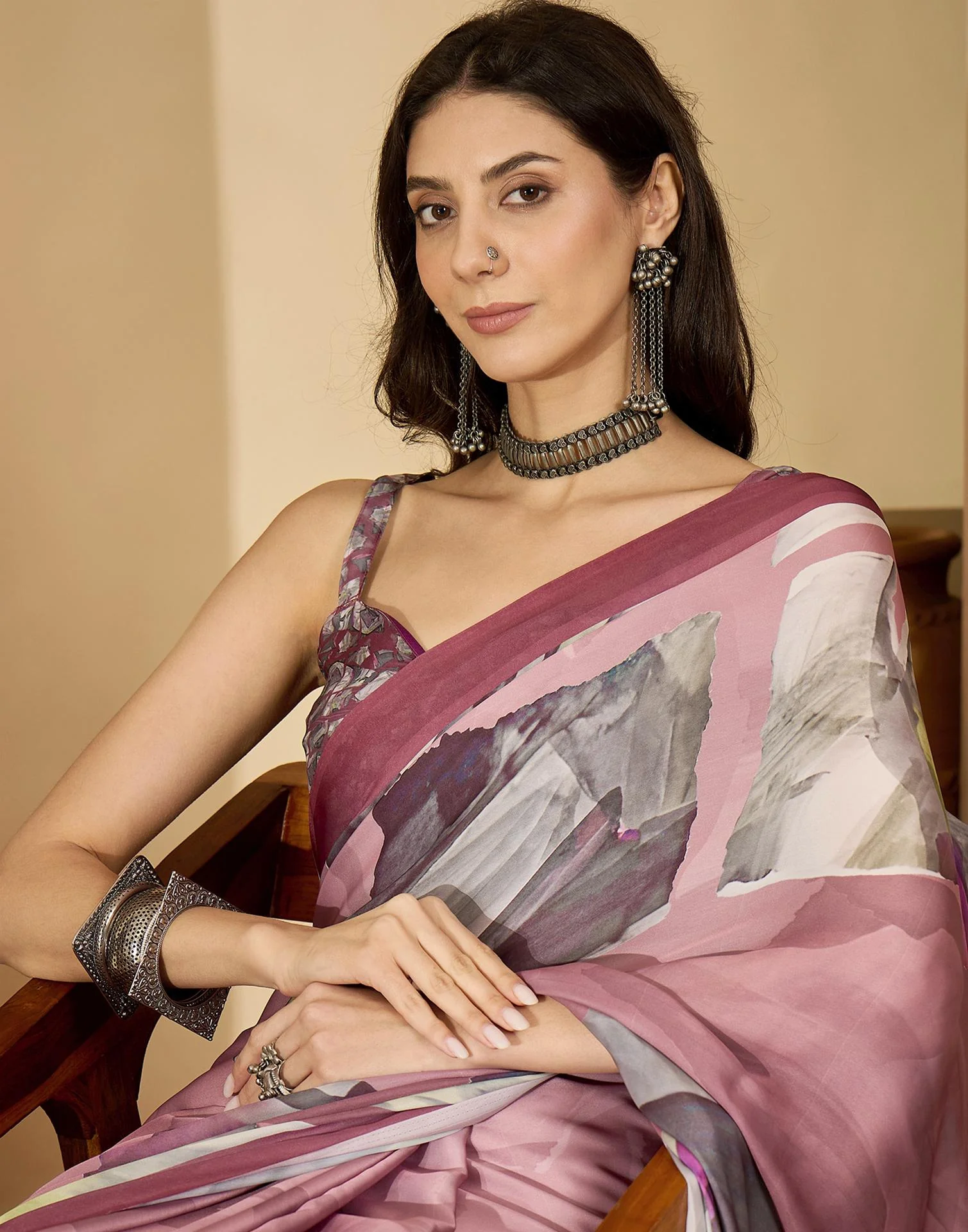 Mauve Satin Printed Saree - Image 2