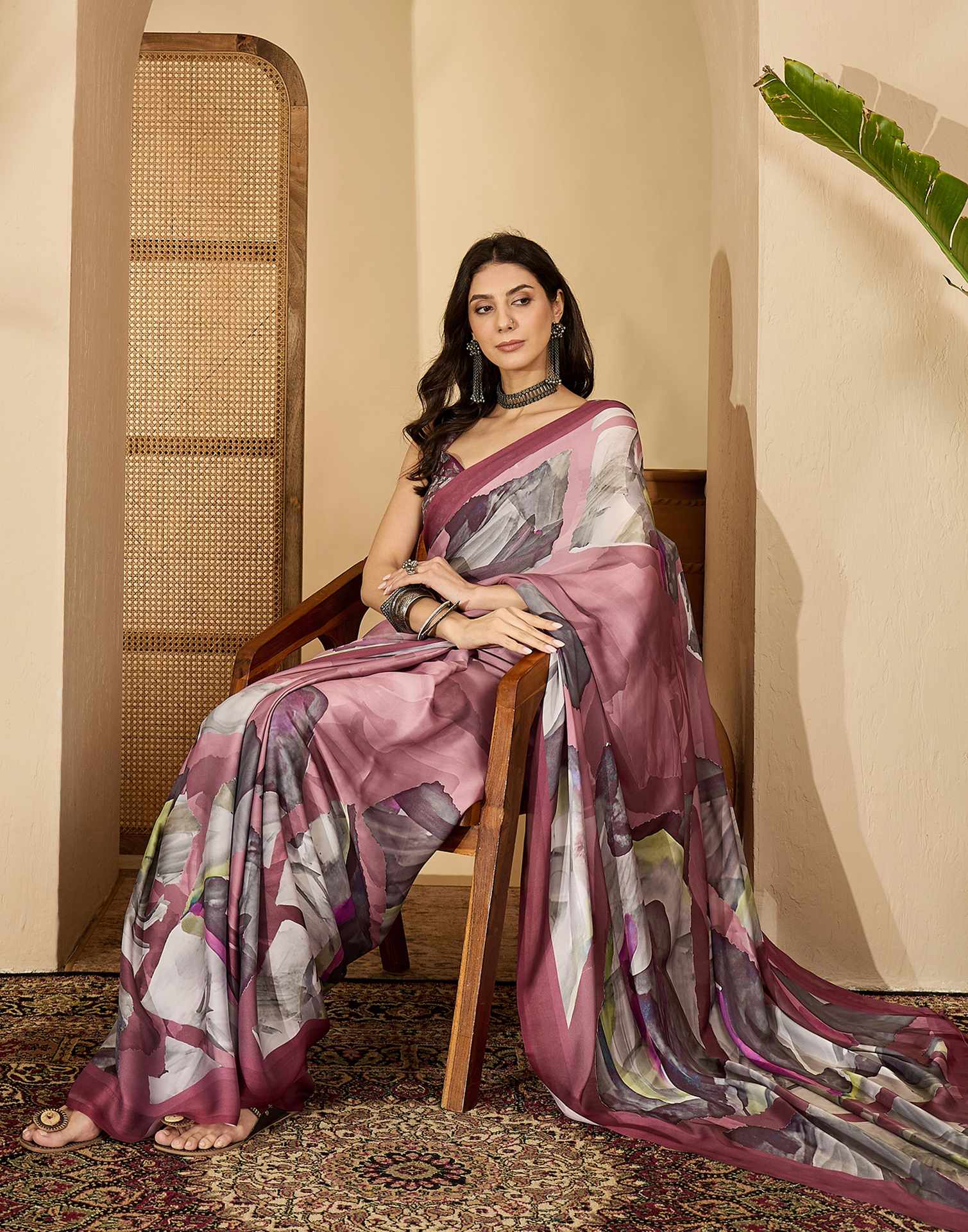 Mauve Satin Printed Saree - Image 4