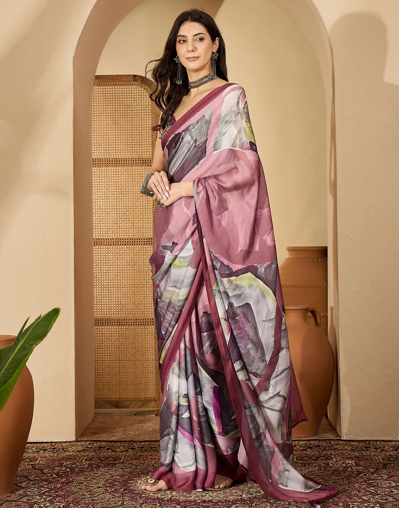 Mauve Satin Printed Saree - Image 5