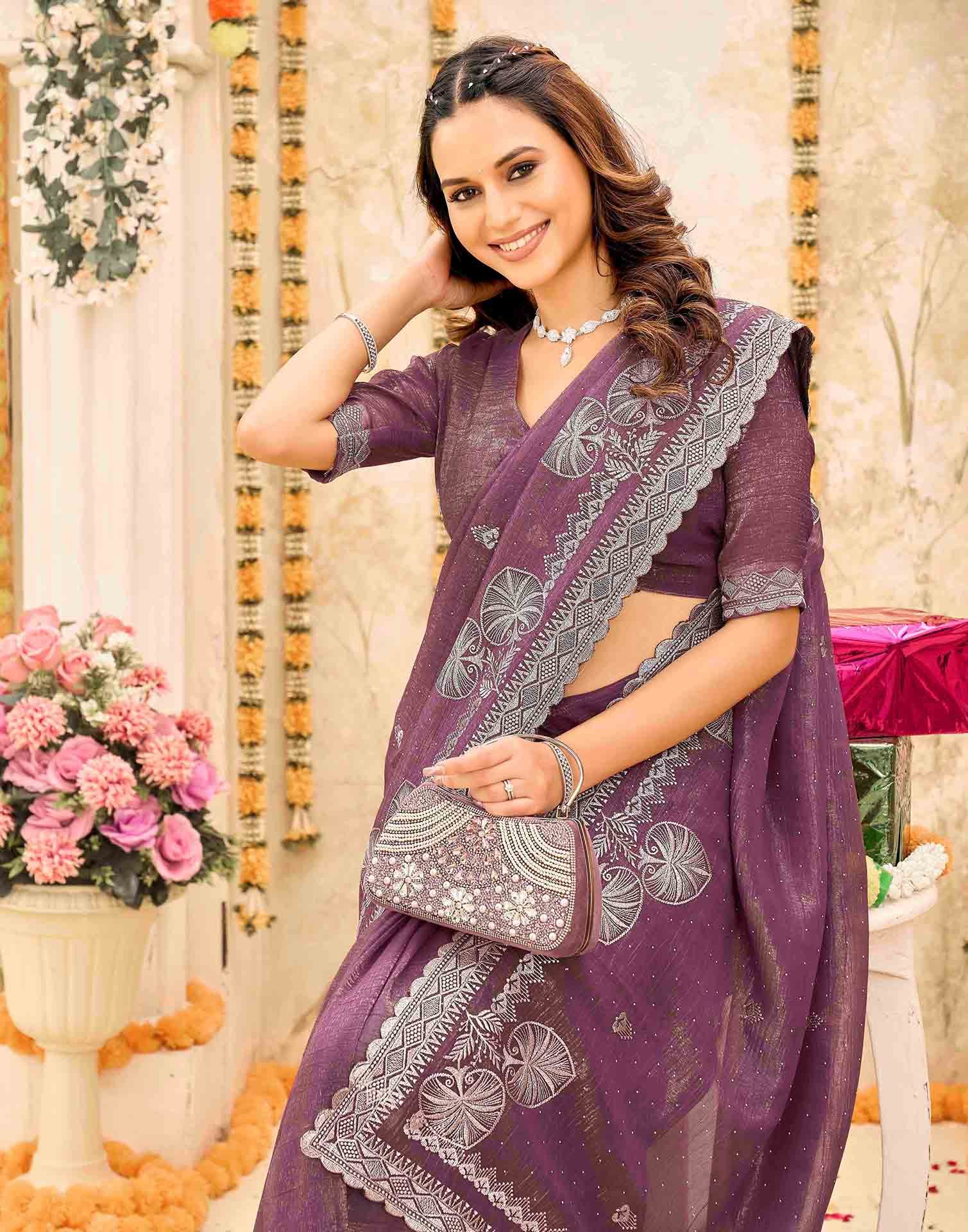 Mauve Shimmer Embroidery Embellished Saree - Image 2