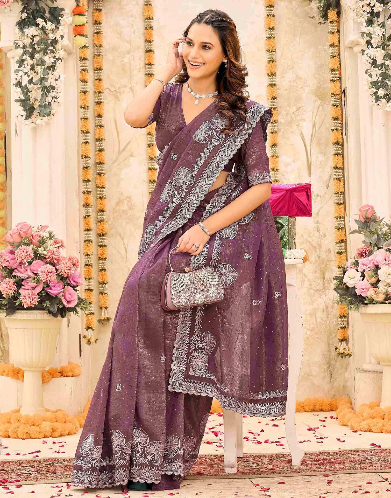 Mauve Shimmer Embroidery Embellished Saree - Image 5