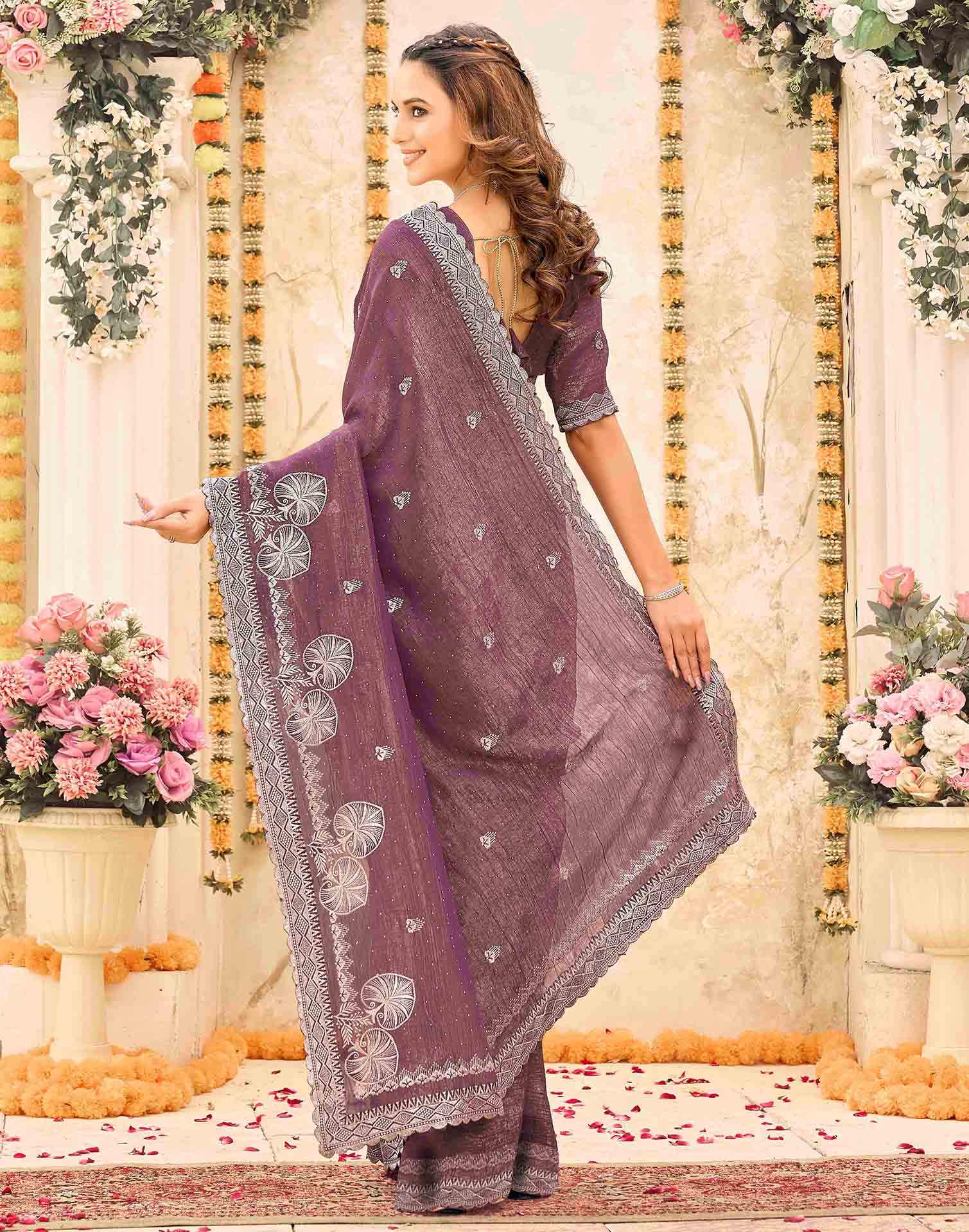 Mauve Shimmer Embroidery Embellished Saree - Image 6