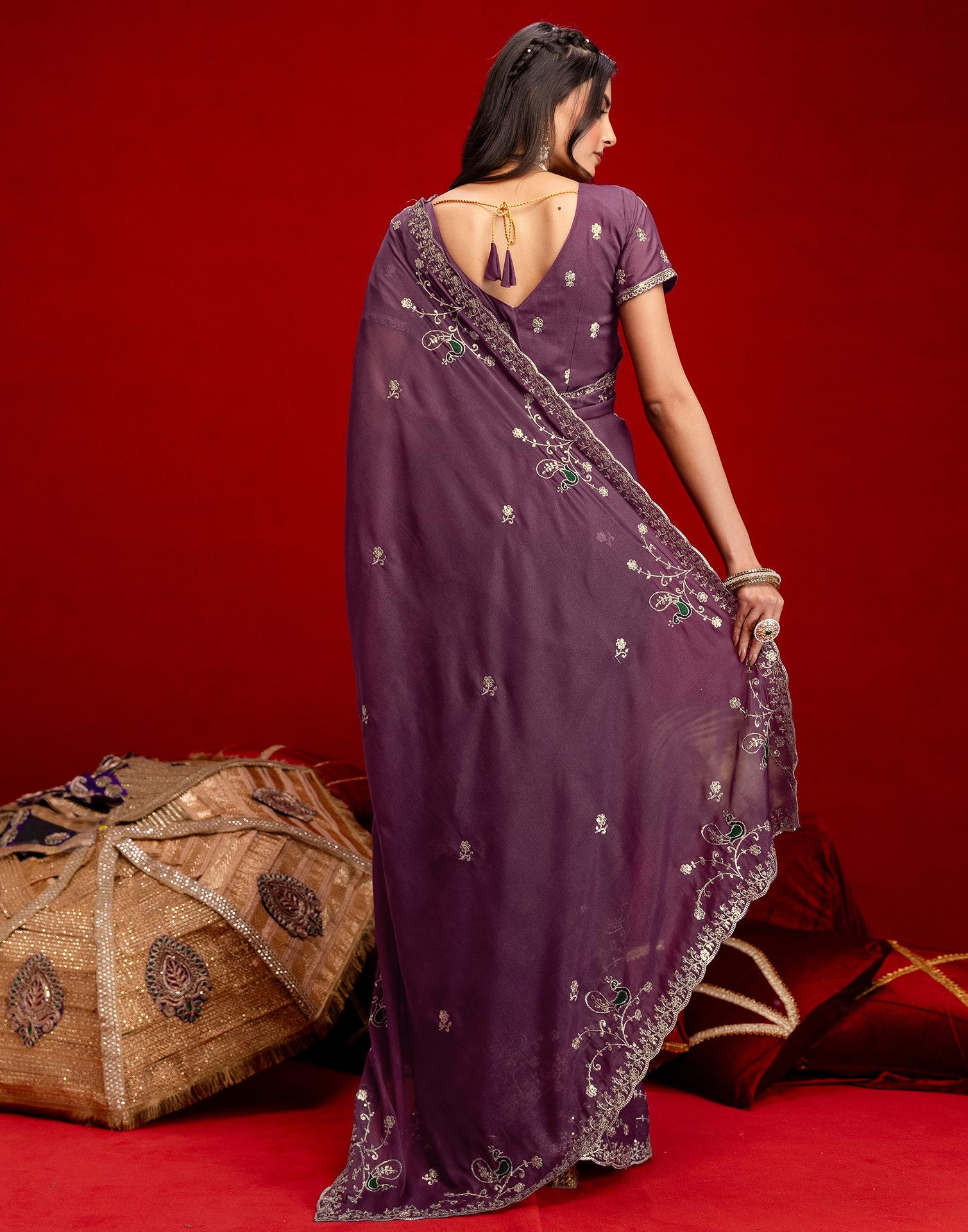 Mauve Shimmer Sequence Embroidery Saree - Image 6