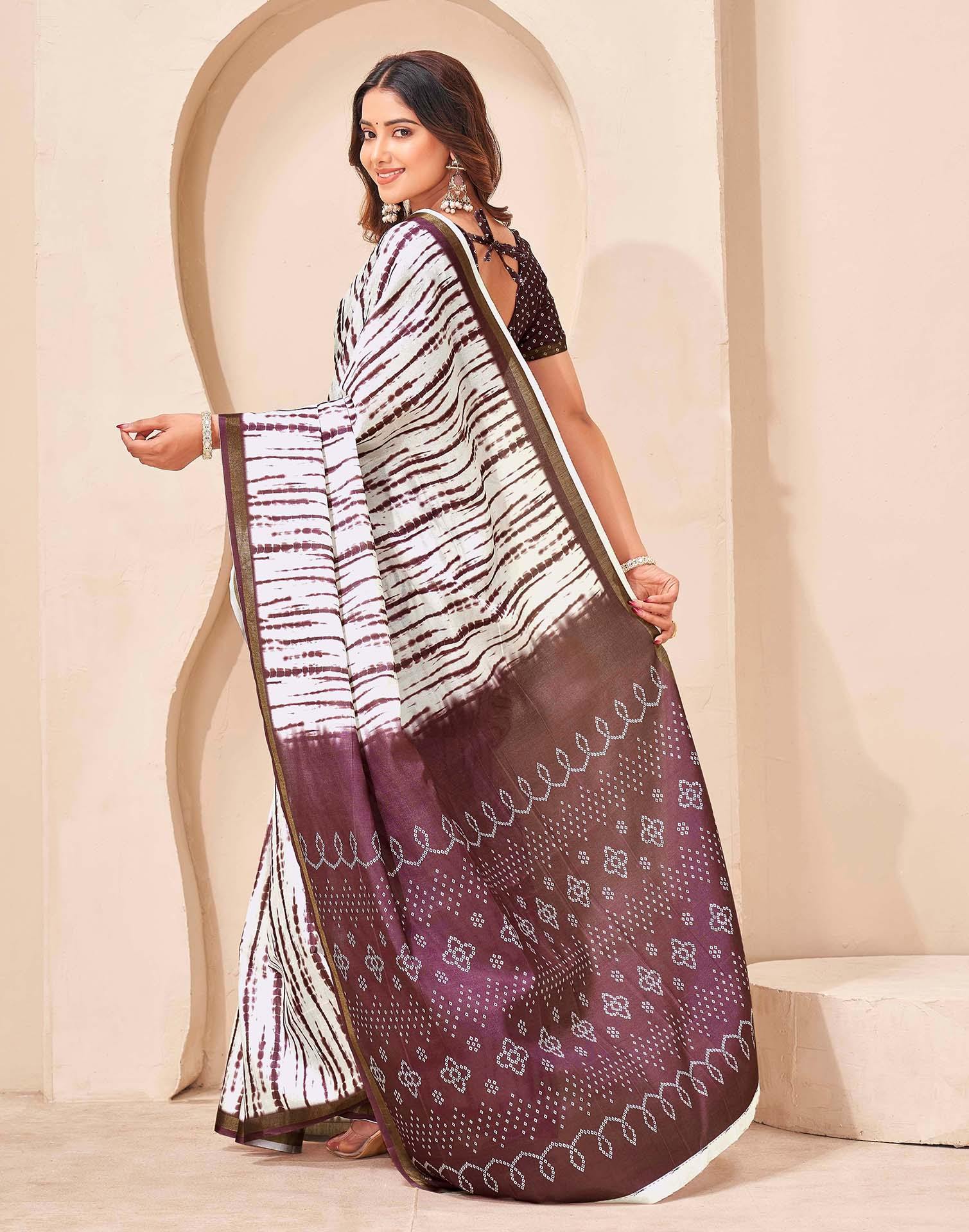 Mauve Silk Printed Zari Stripe Saree - Image 6