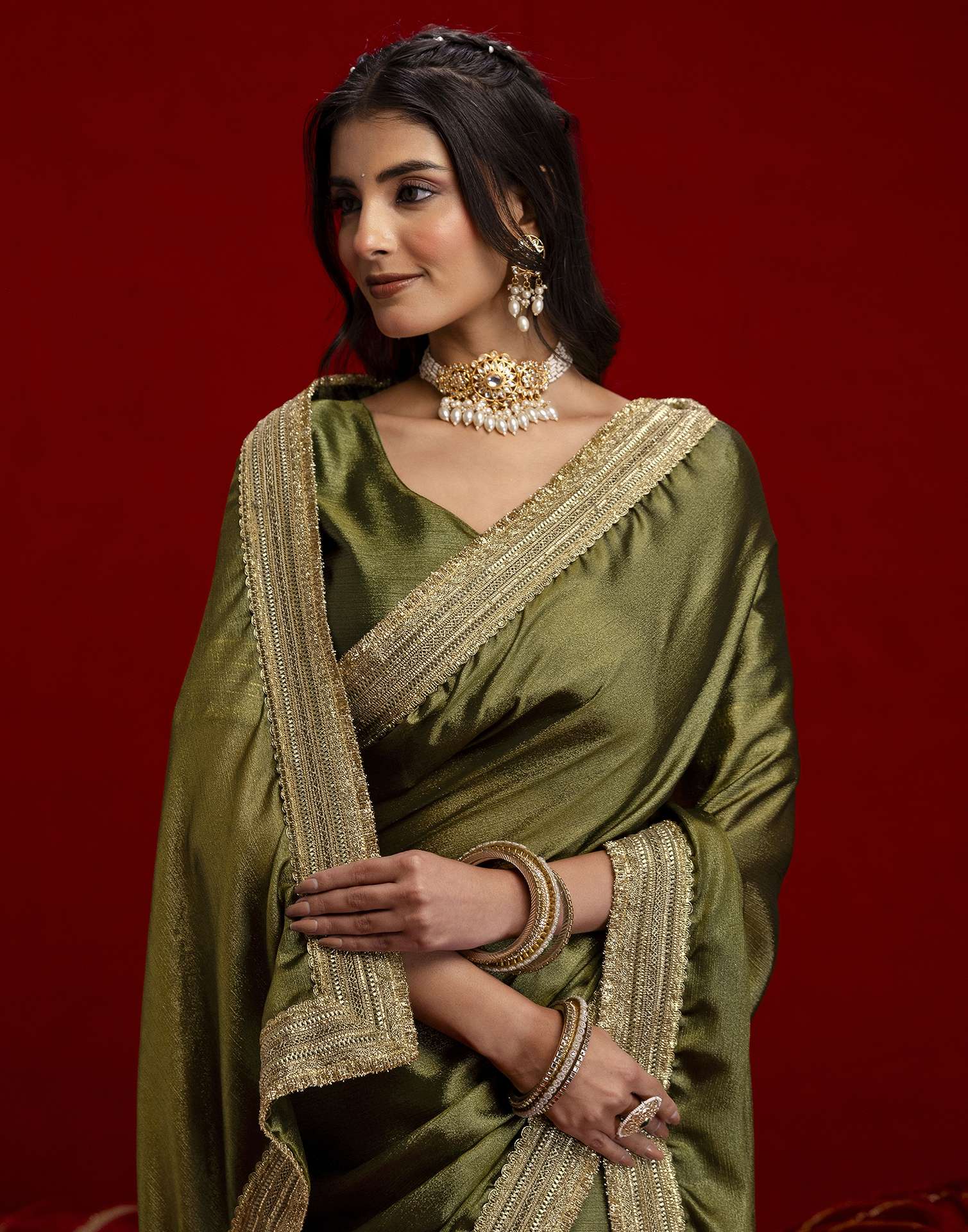 Mehandi Green Chinnon Silk Gota Lace Saree - Image 2