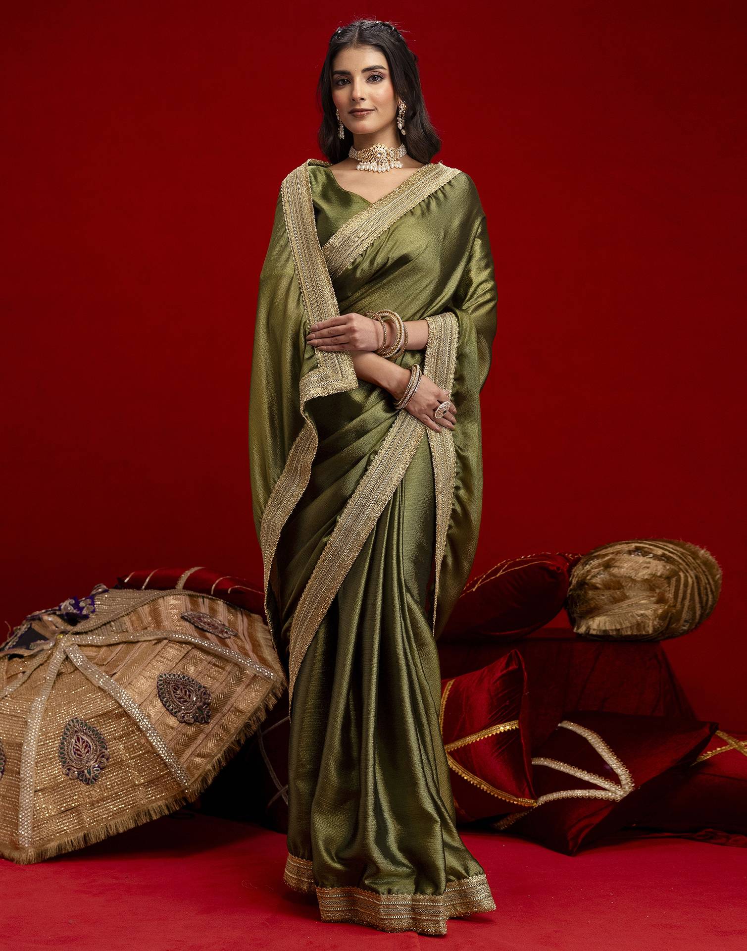 Mehandi Green Chinnon Silk Gota Lace Saree - Image 5