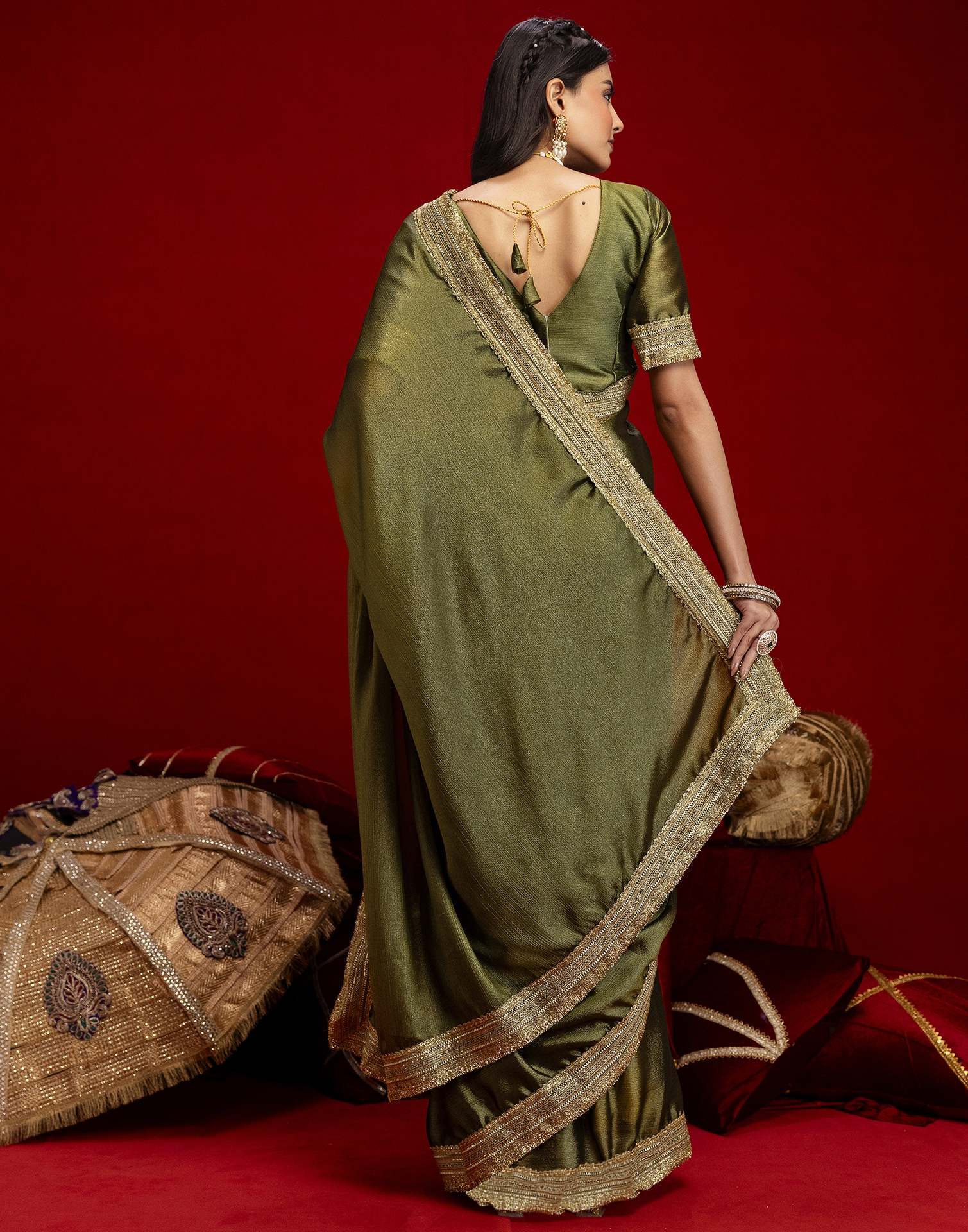 Mehandi Green Chinnon Silk Gota Lace Saree - Image 6