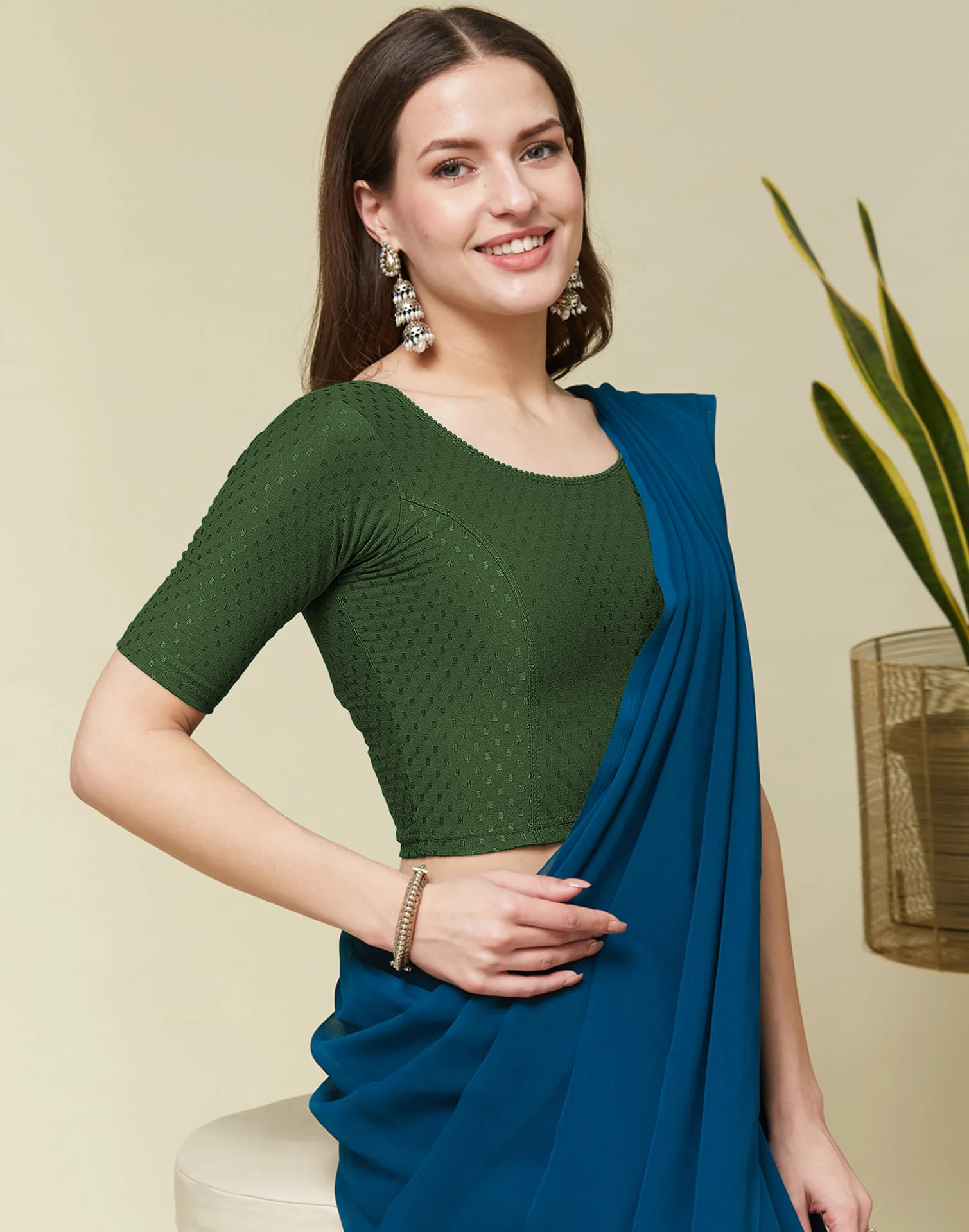Mehandi Green Cotton Dyed Self Woven Blouse - Image 2