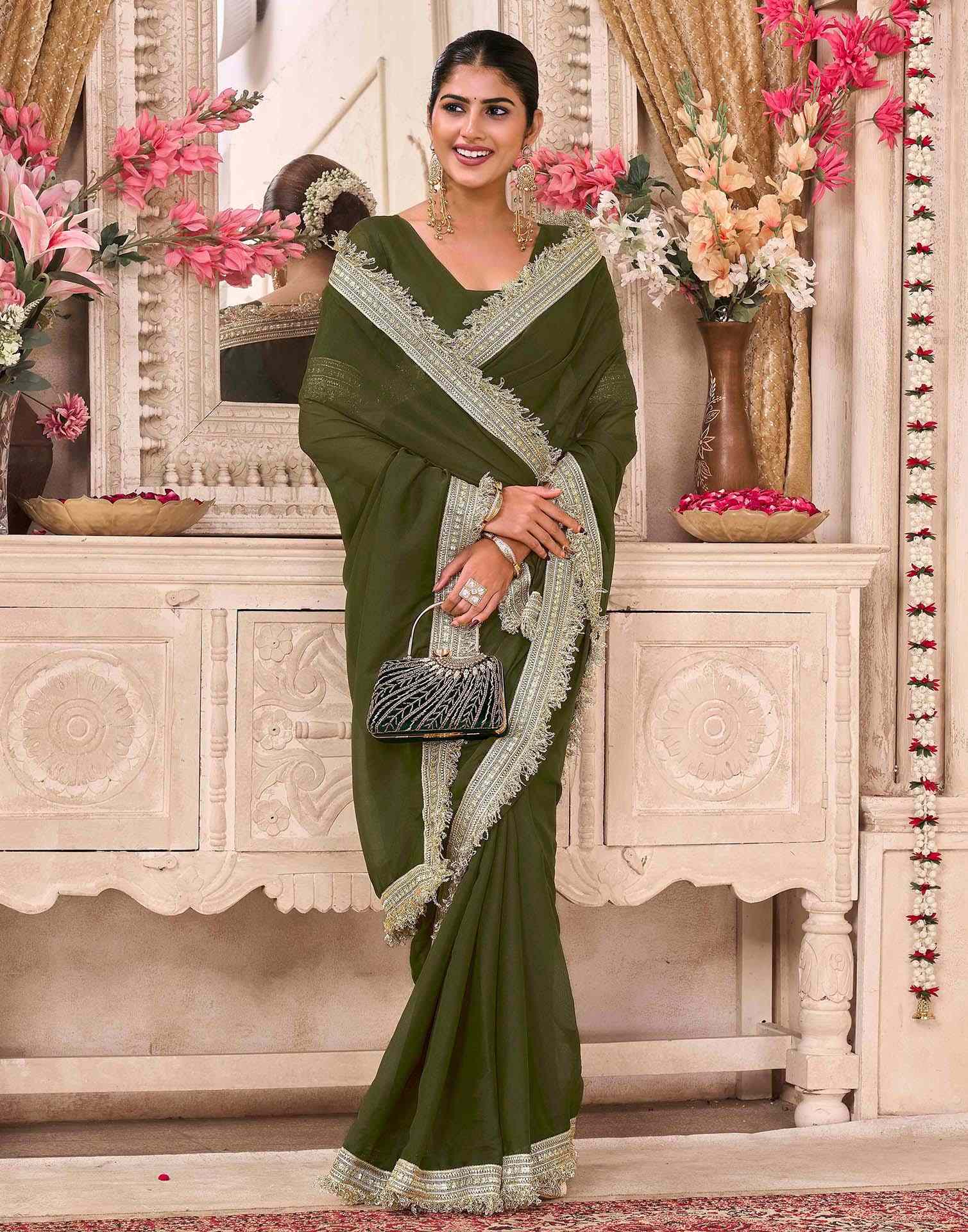 Mehandi Green Georgette Gota Lace Saree - Image 4