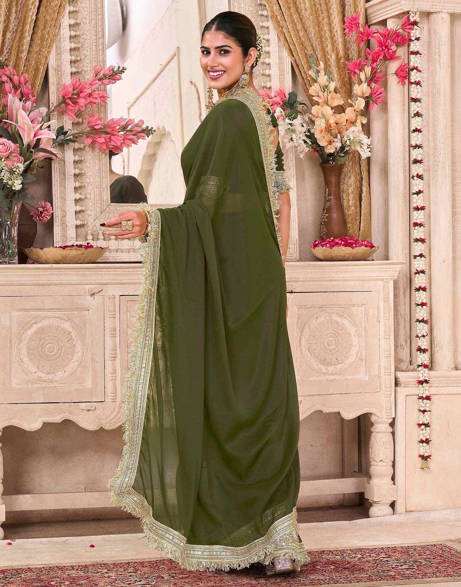 Mehandi Green Georgette Gota Lace Saree - Image 6