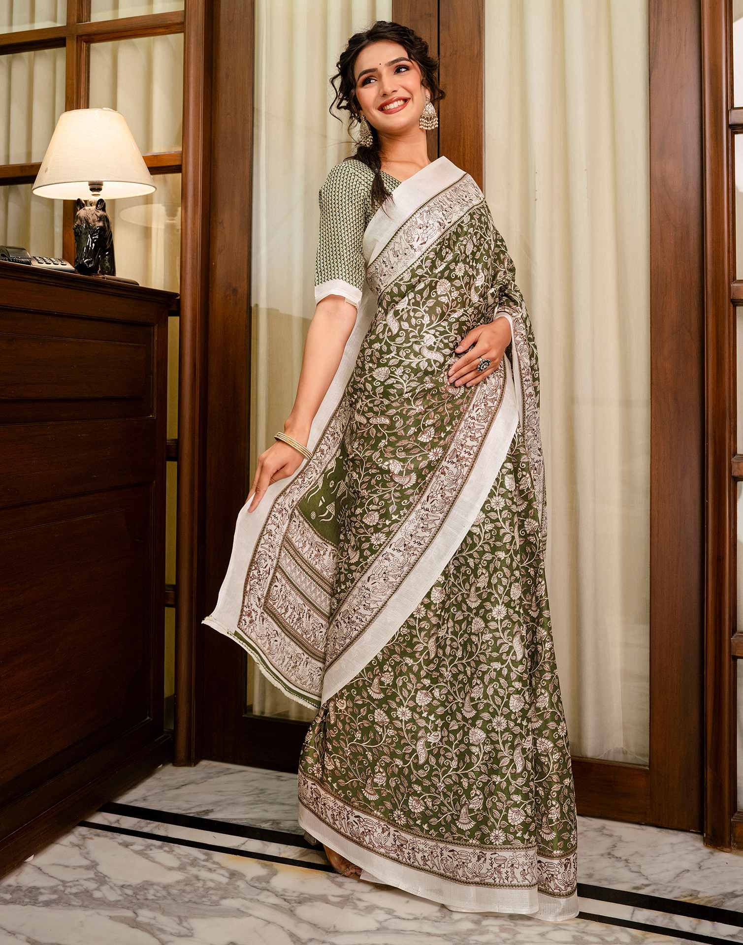 Mehandi Green Khadi Printed Saree - Image 10