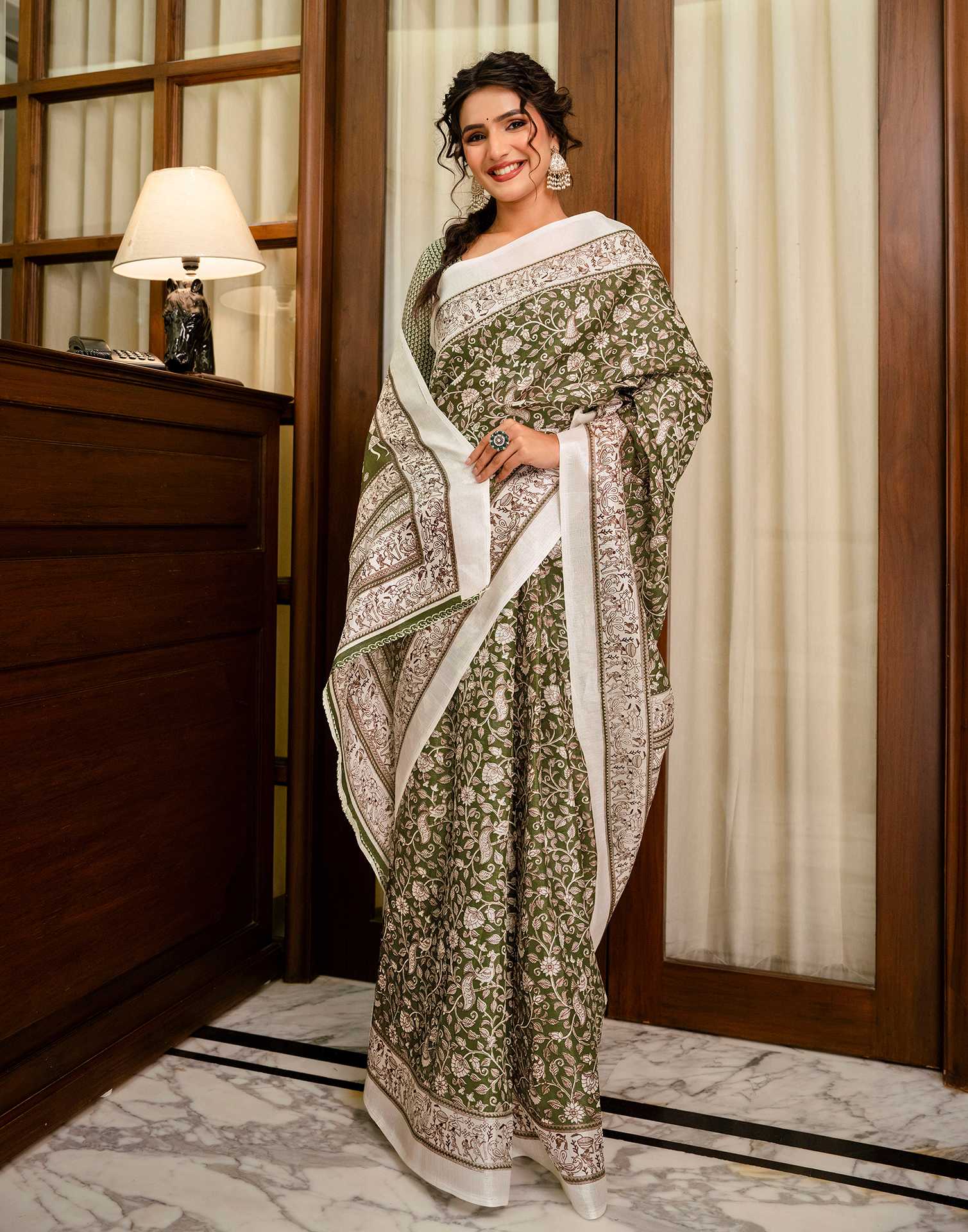 Mehandi Green Khadi Printed Saree - Image 8
