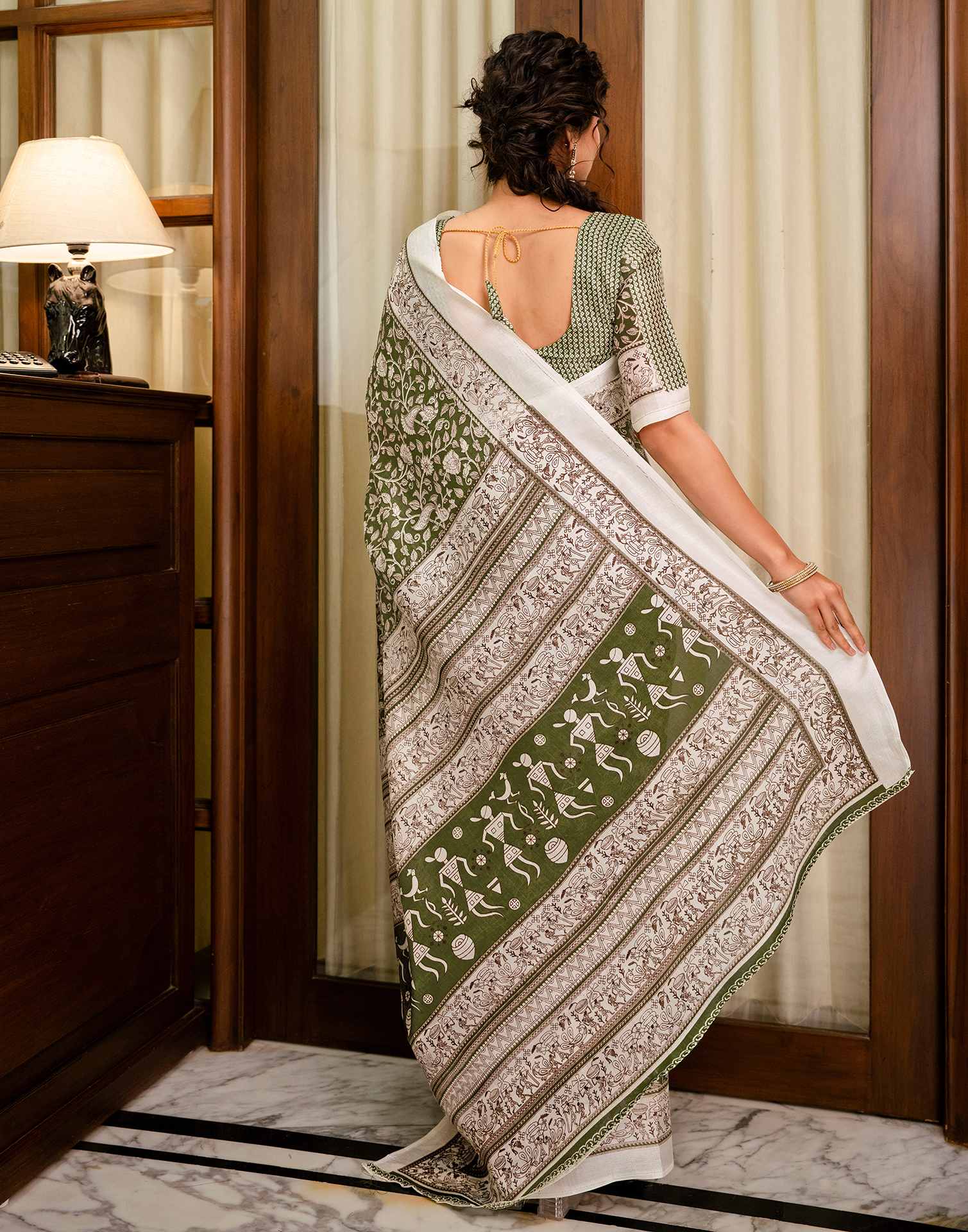 Mehandi Green Khadi Printed Saree - Image 9