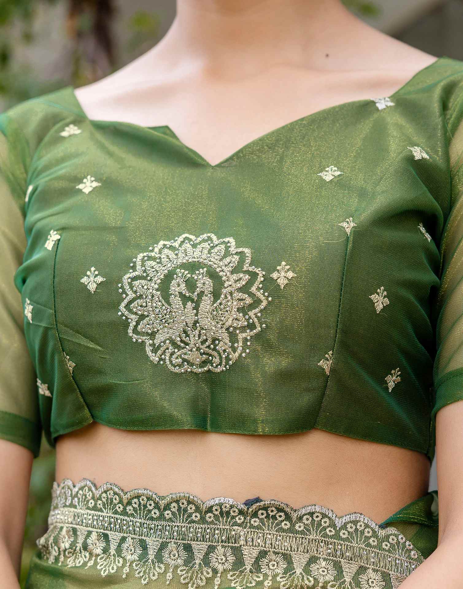 Mehandi Green Shimmer Embroidery Saree - Image 10