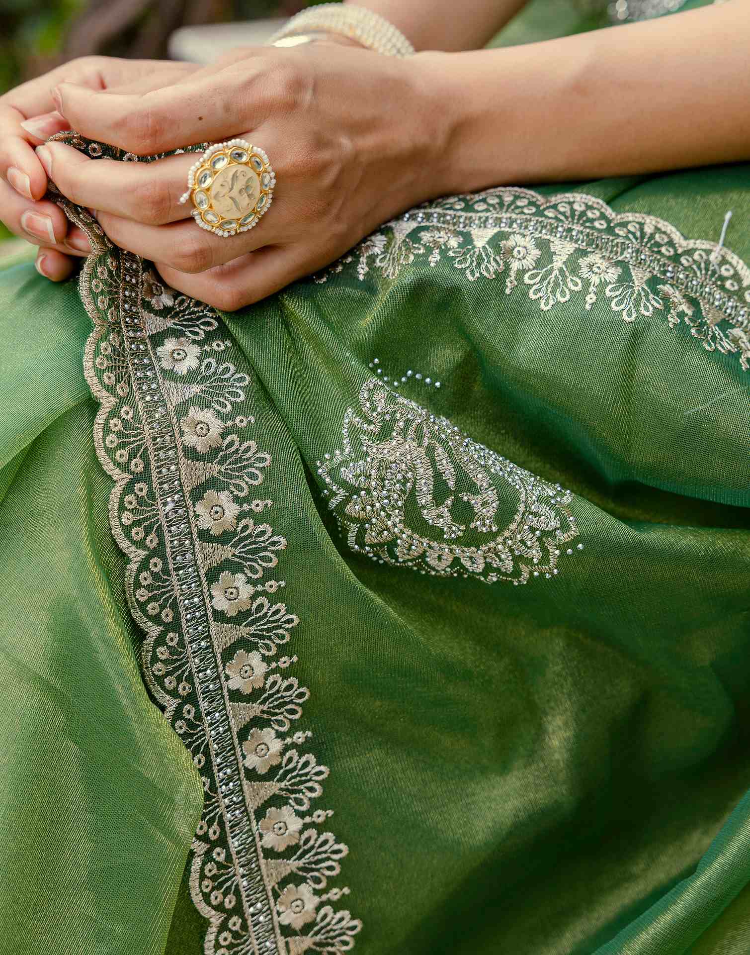 Mehandi Green Shimmer Embroidery Saree - Image 11