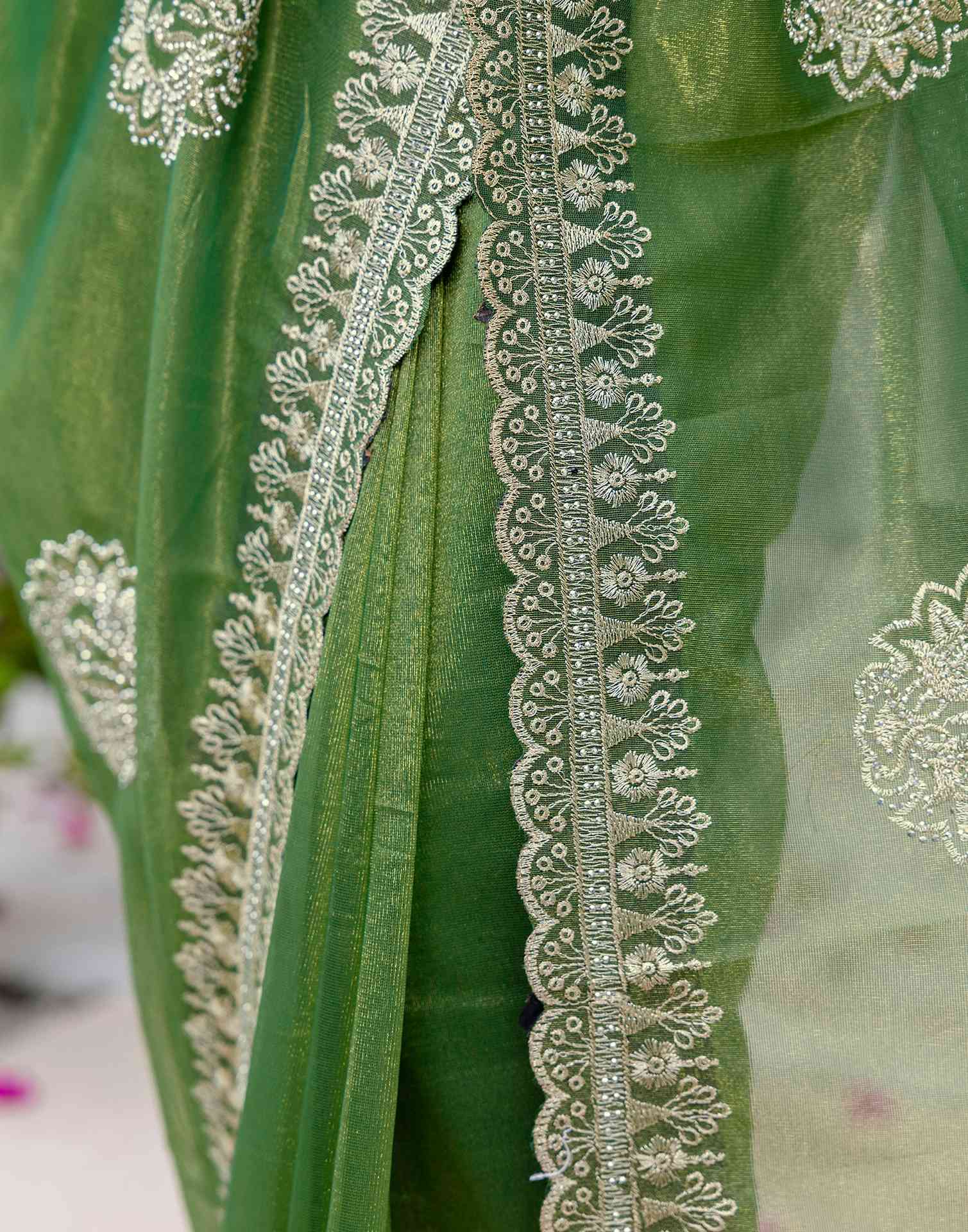 Mehandi Green Shimmer Embroidery Saree - Image 12