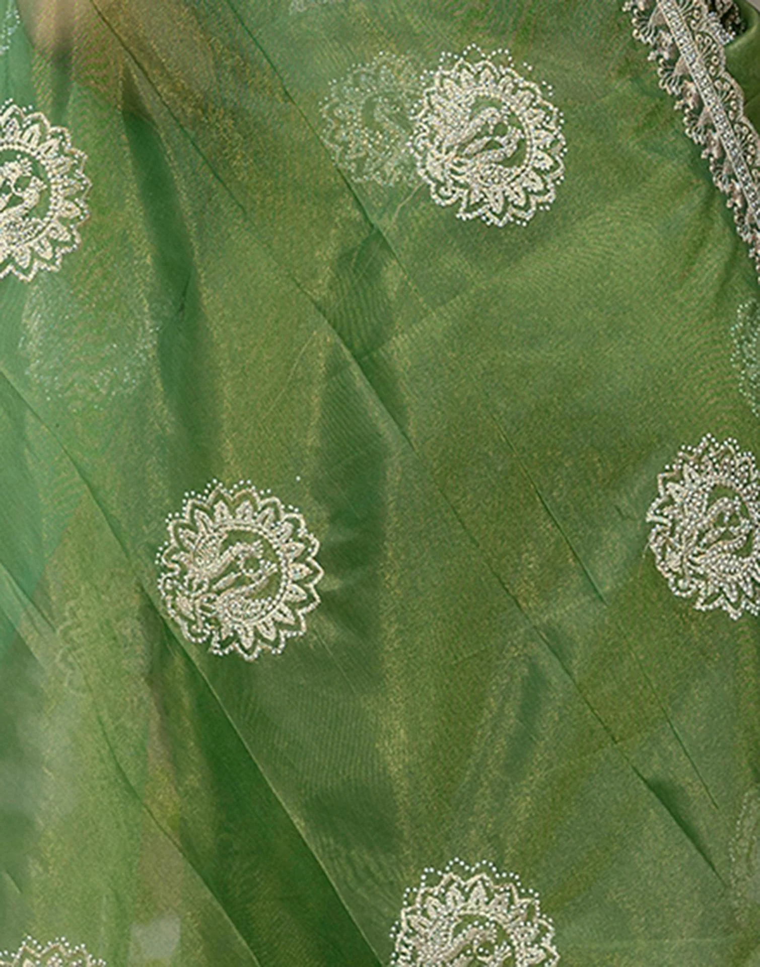 Mehandi Green Shimmer Embroidery Saree - Image 13