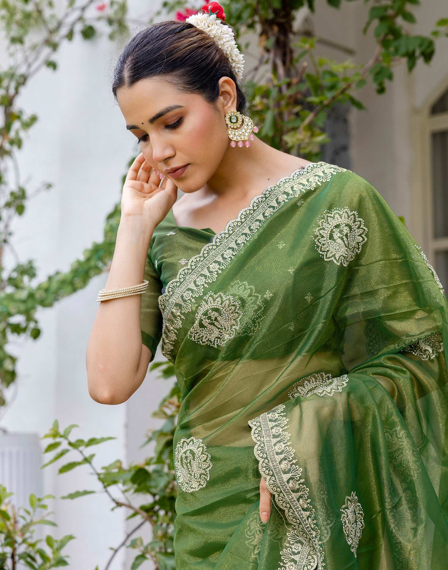 Mehandi Green Shimmer Embroidery Saree - Image 4