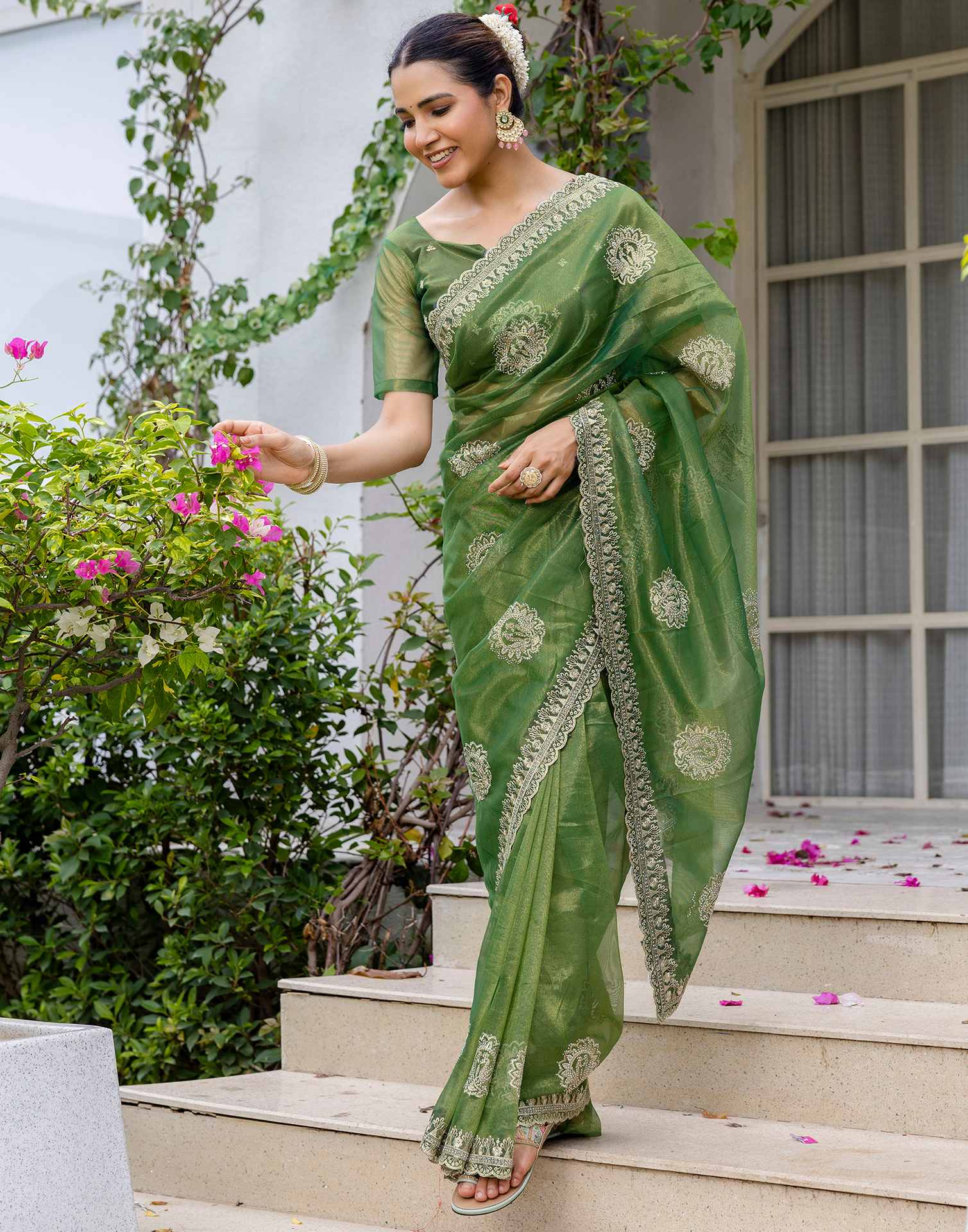 Mehandi Green Shimmer Embroidery Saree - Image 7