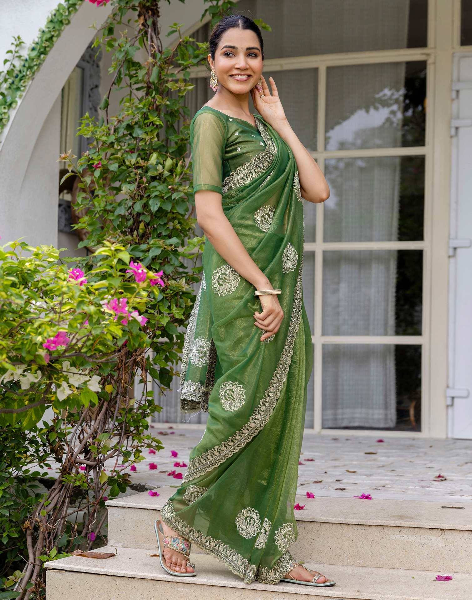 Mehandi Green Shimmer Embroidery Saree - Image 9