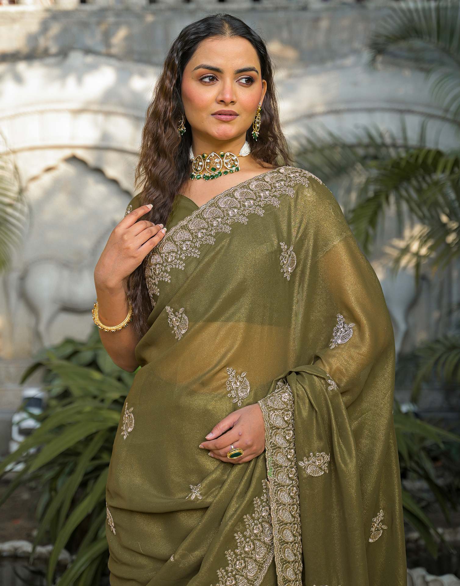 Mehandi Green Shimmer Georgette Sequence Embroidery saree - Image 2