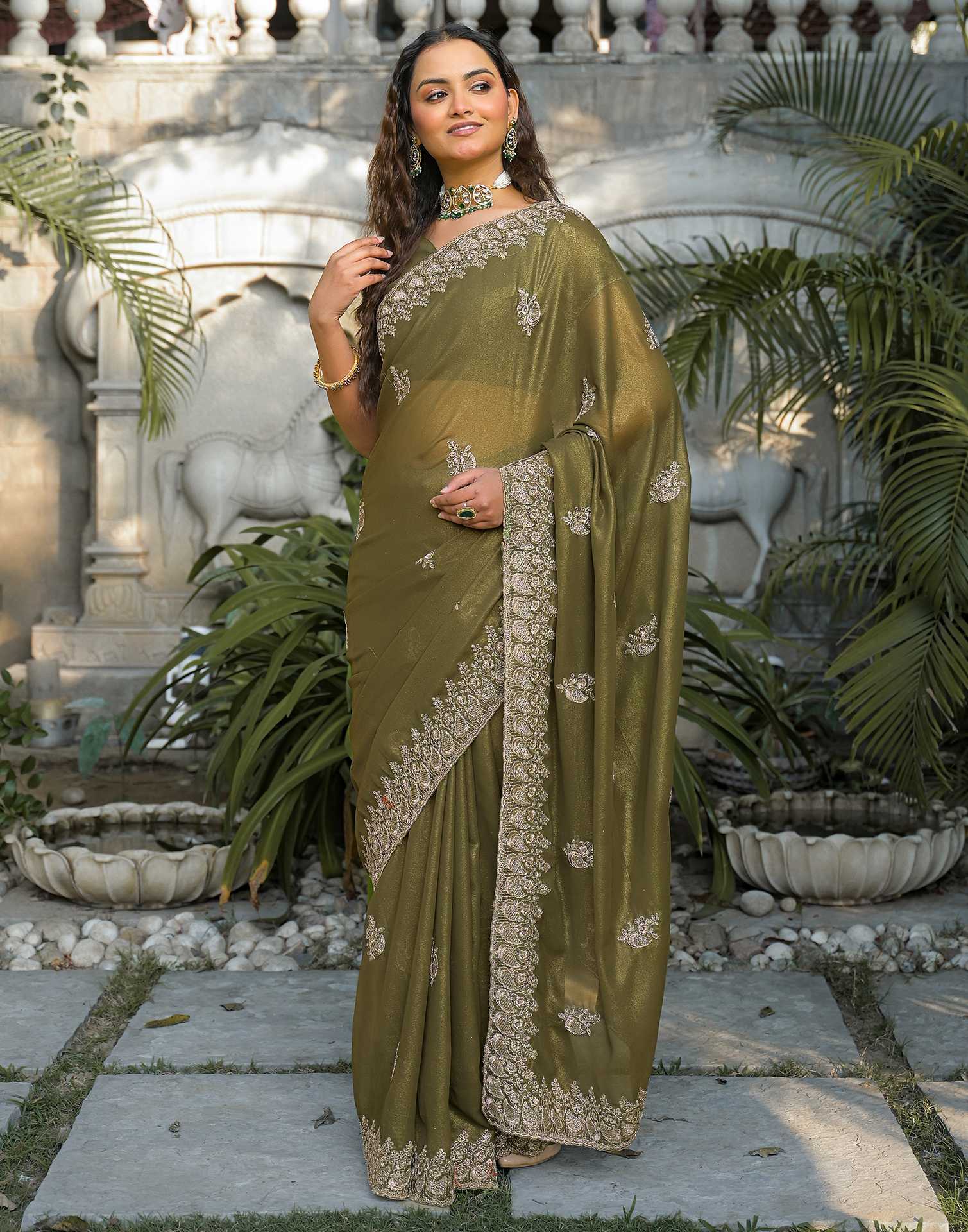 Mehandi Green Shimmer Georgette Sequence Embroidery saree - Image 4