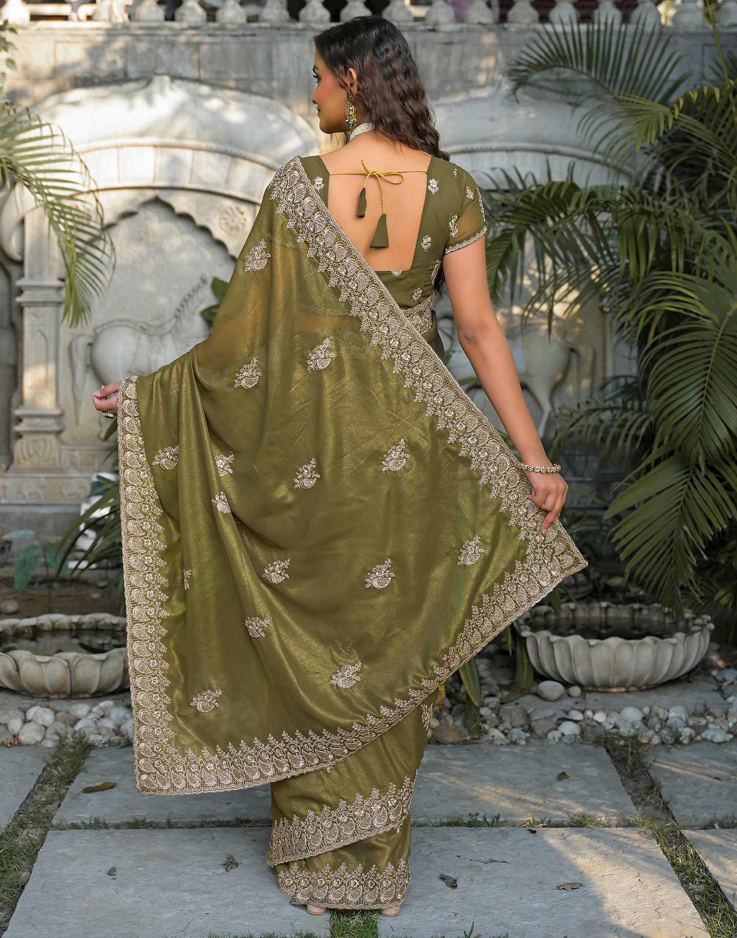 Mehandi Green Shimmer Georgette Sequence Embroidery saree - Image 6